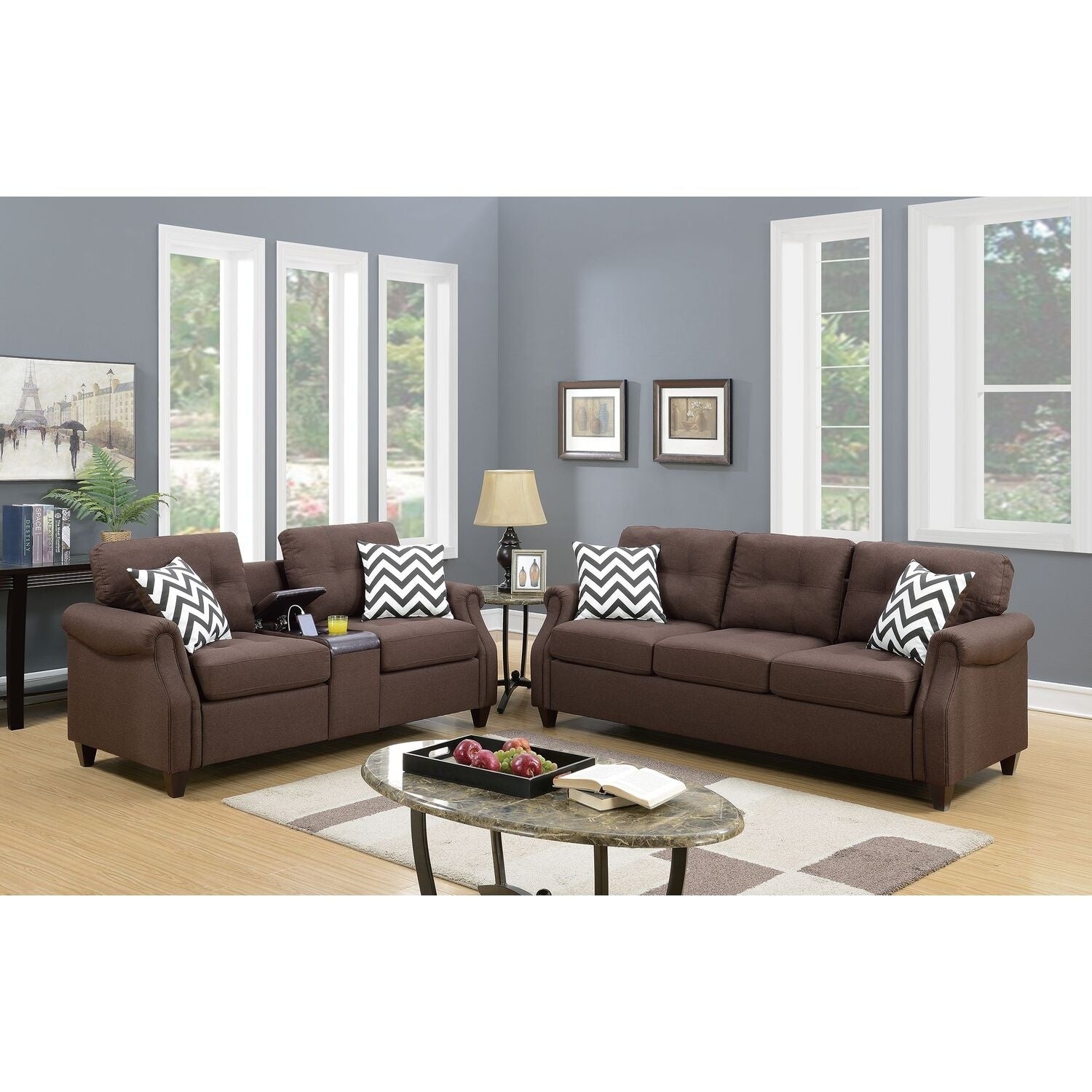 87 In.W Brown Finish Fabric Upholstery L Shaped Straight Arm Sectional Sofa