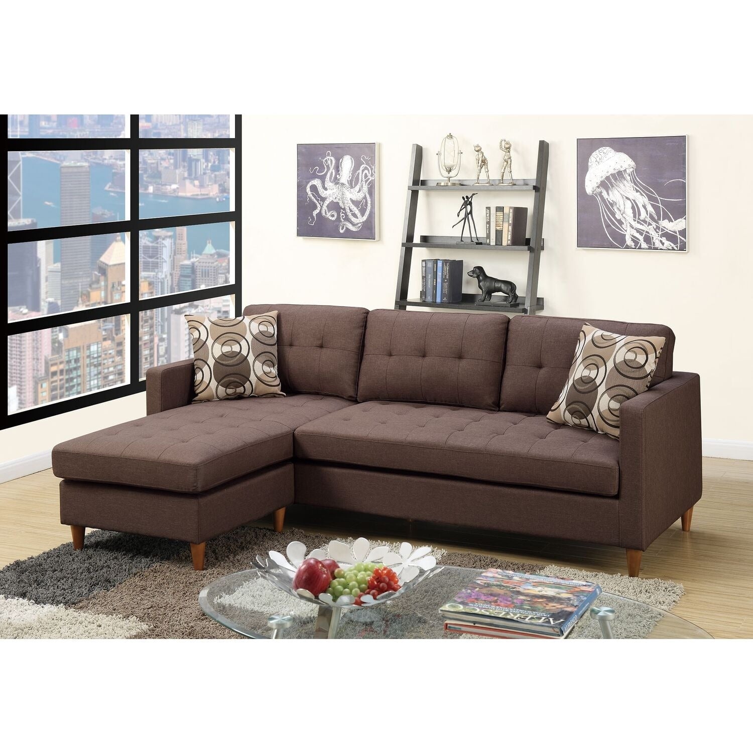 87 In.W Brown Finish Fabric Upholstery L Shaped Straight Arm Sectional Sofa