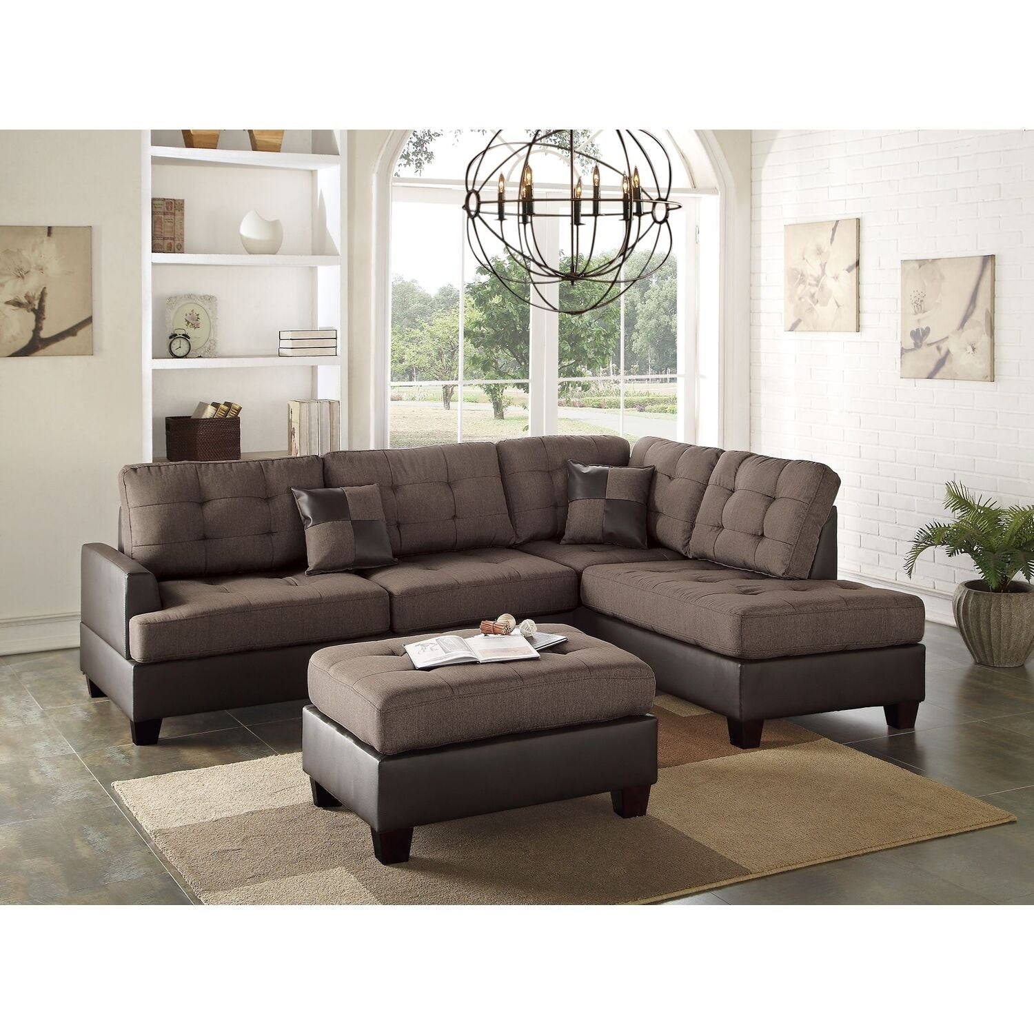 87 In.W Brown Finish Faux Leather Upholstery L Shaped Straight Arm Sectional Sofa