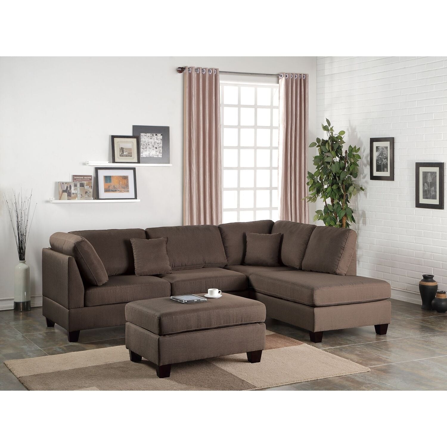 87 In.W Brown Finish Polyester Upholstery L Shaped Straight Arm Sectional Sofa
