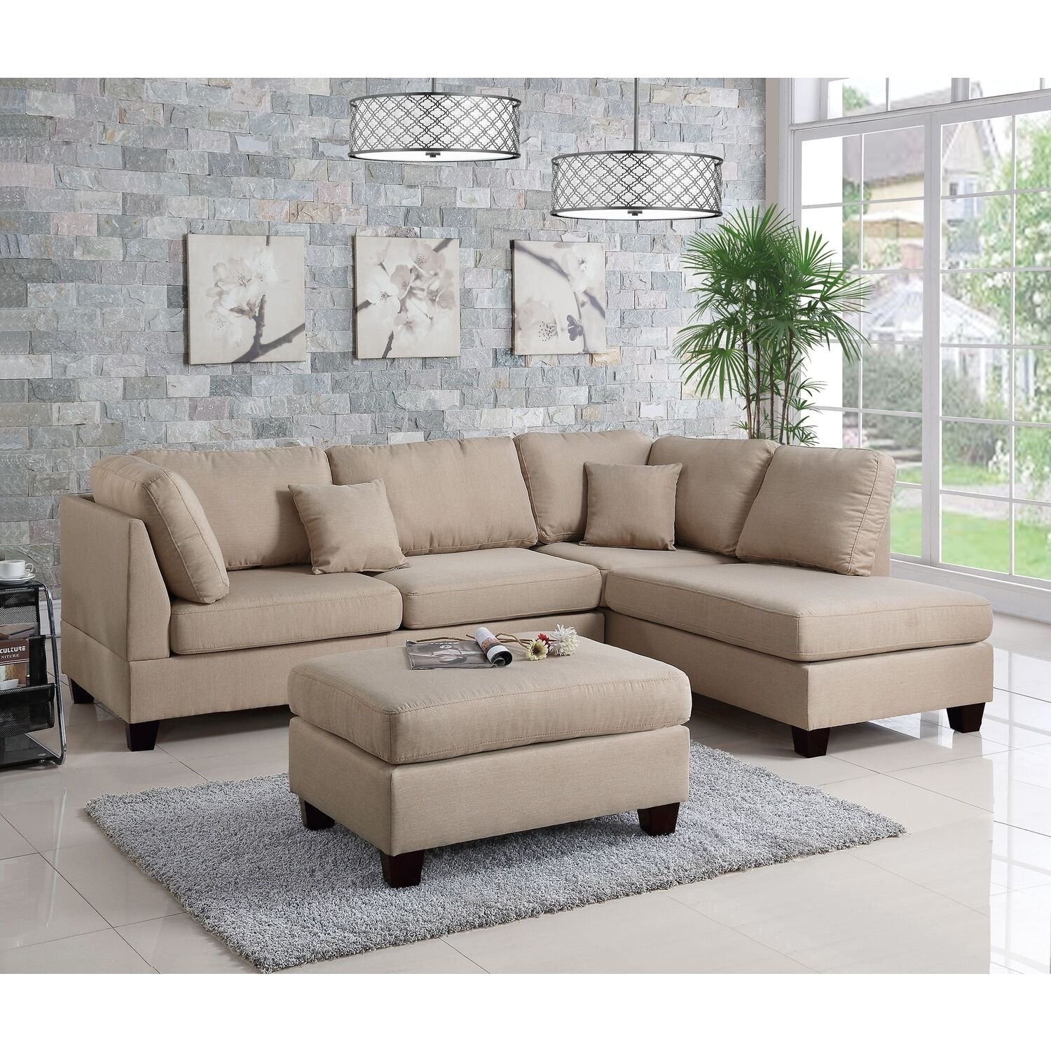 87 In.W Brown Finish Polyester Upholstery L Shaped Straight Arm Sectional Sofa