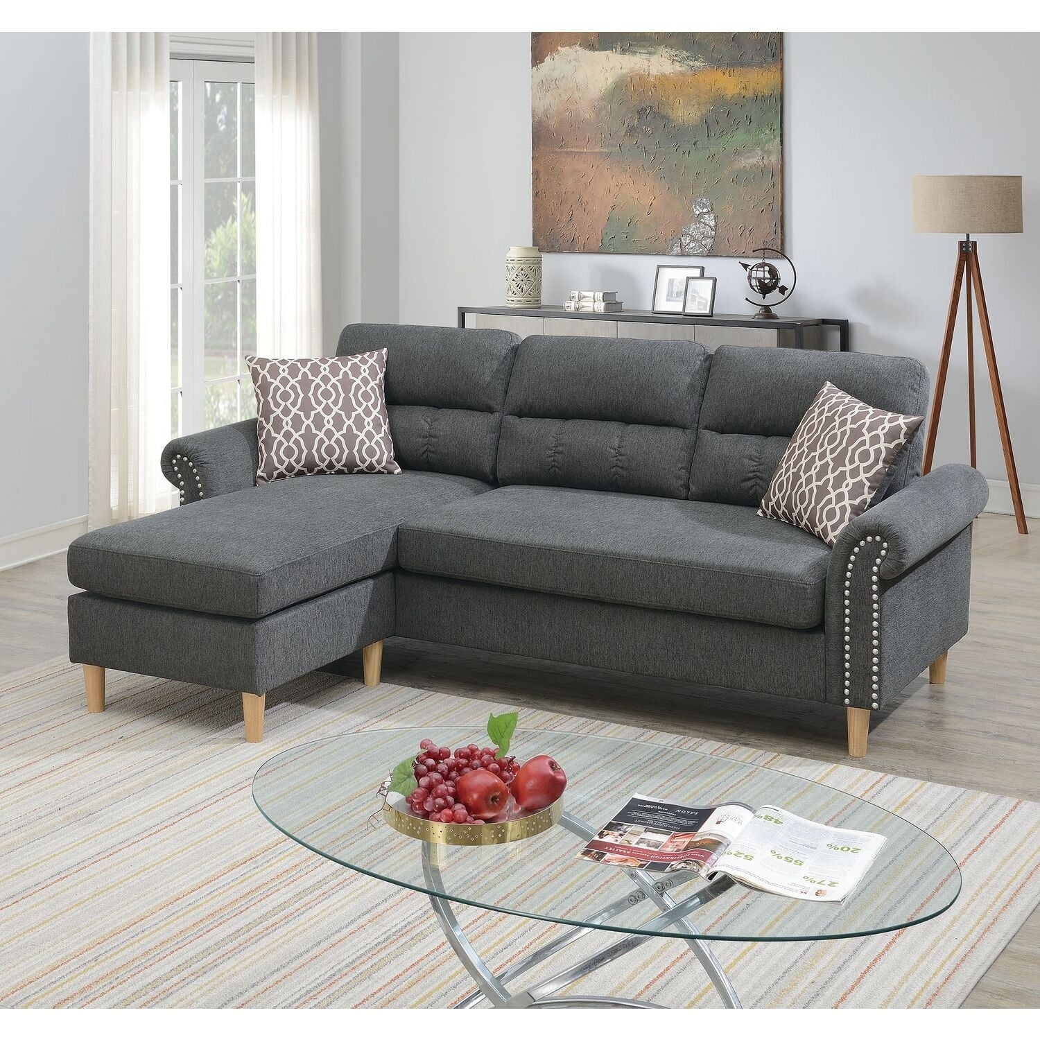 87 In.W Gray Finish Fabric Upholstery L Shaped Straight Arm Sectional Sofa