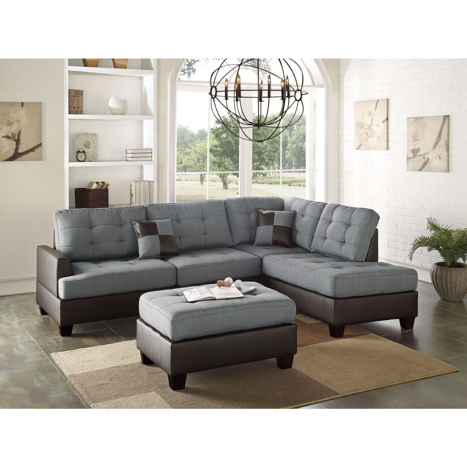 87 In.W Gray Finish Fabric Upholstery L Shaped Straight Arm Sectional Sofa