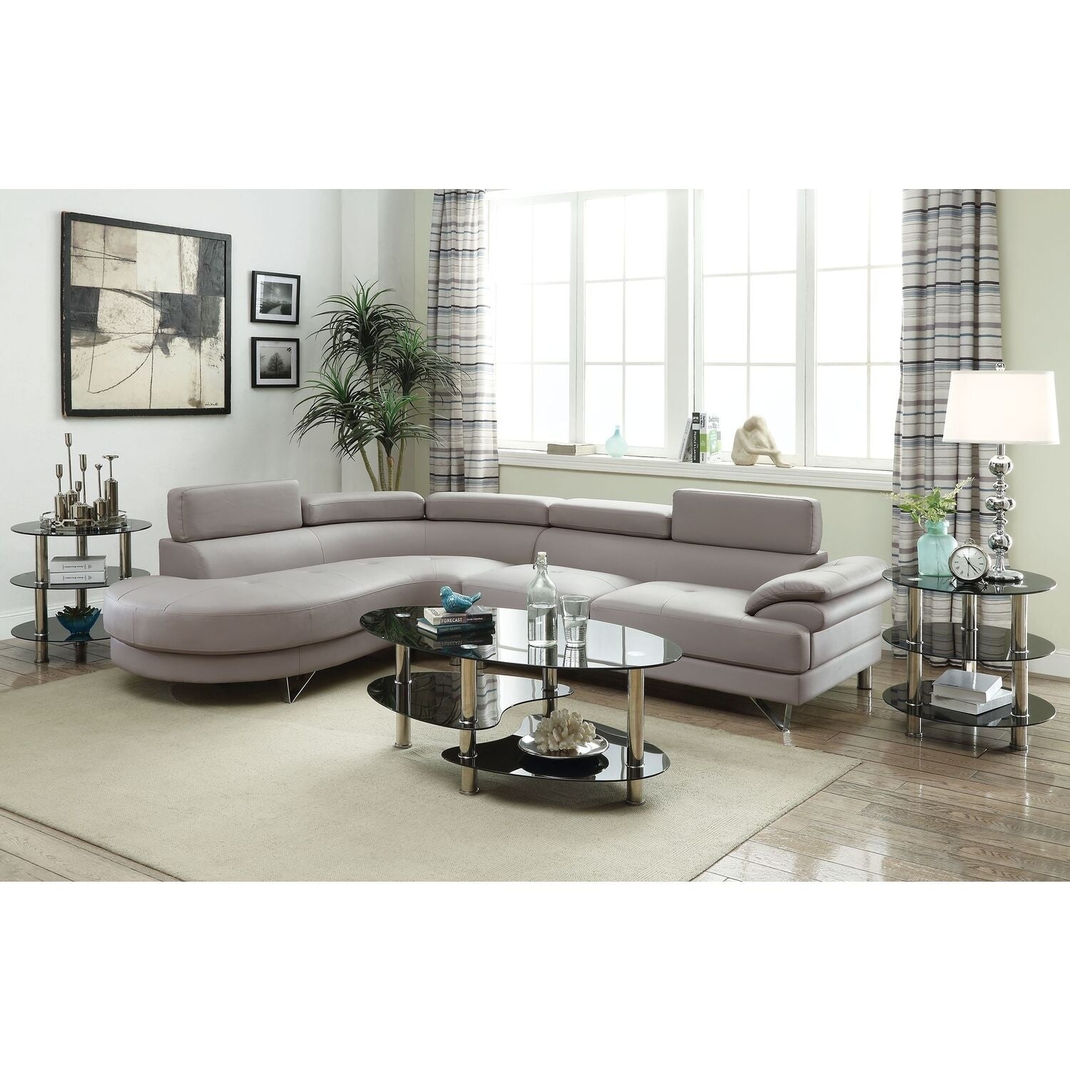 87 In.W Gray Finish Faux Leather Upholstery L Shaped Straight Arm Sectional Sofa