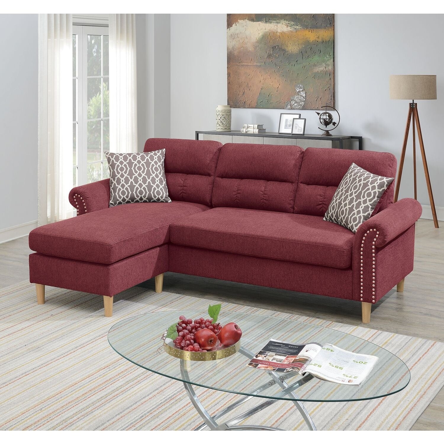 87 In.W Red Finish Fabric Upholstery L Shaped Straight Arm Sectional Sofa