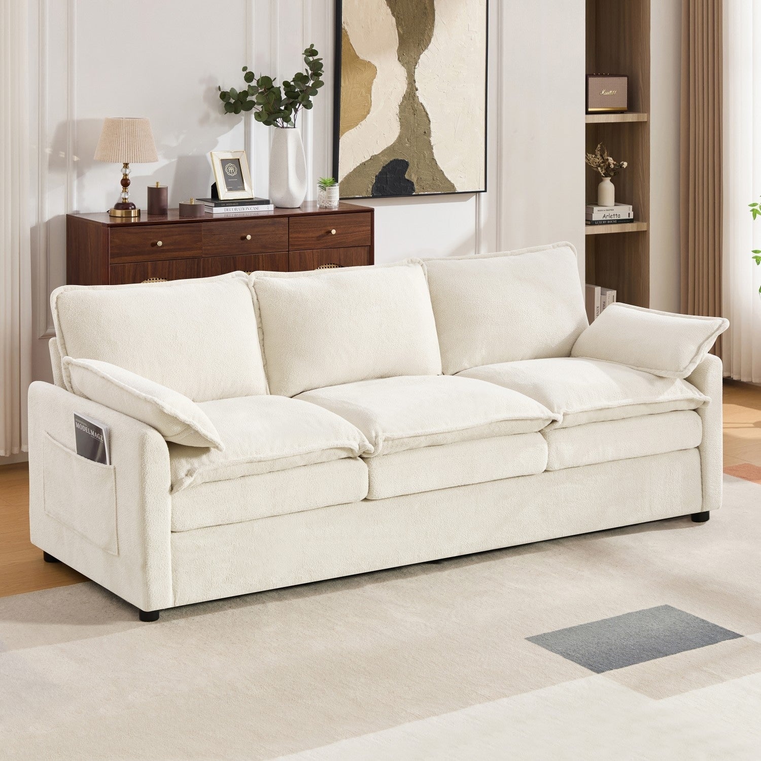 88.2 Upholstered 3 Seater Sofa With Detachable Lumbar Pillows And Side Pockets
