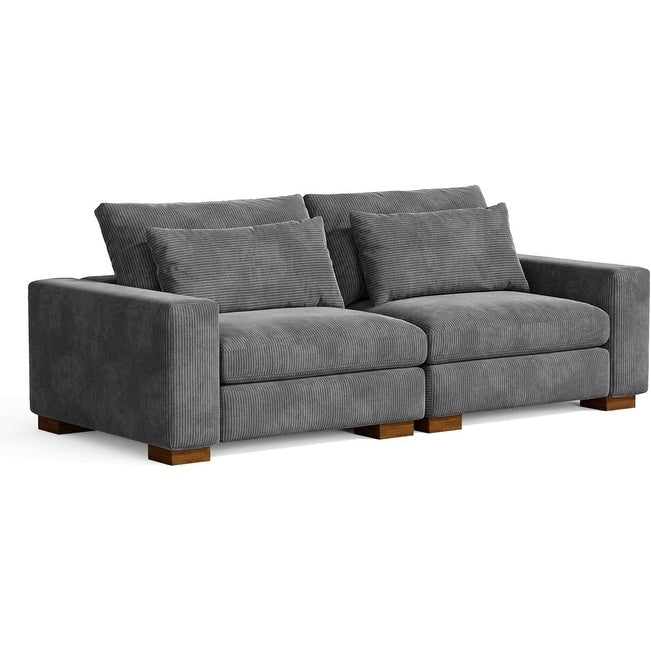 89 In.W Gray Finish Corduroy Upholstery L Shaped Straight Arm Sectional Sofa