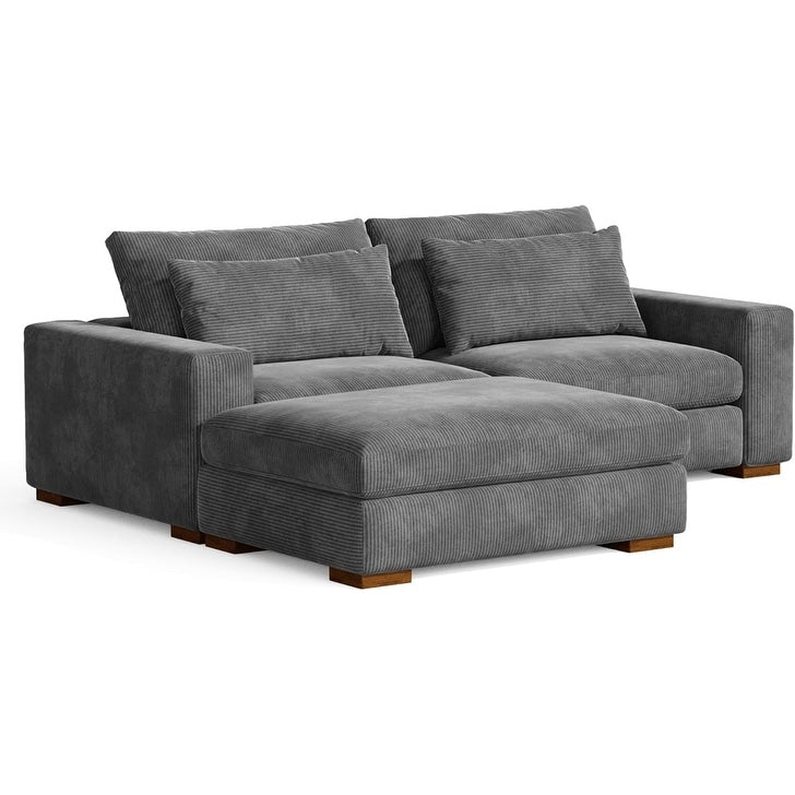 89 In.W Gray Finish Corduroy Upholstery L Shaped Straight Arm Sectional Sofa