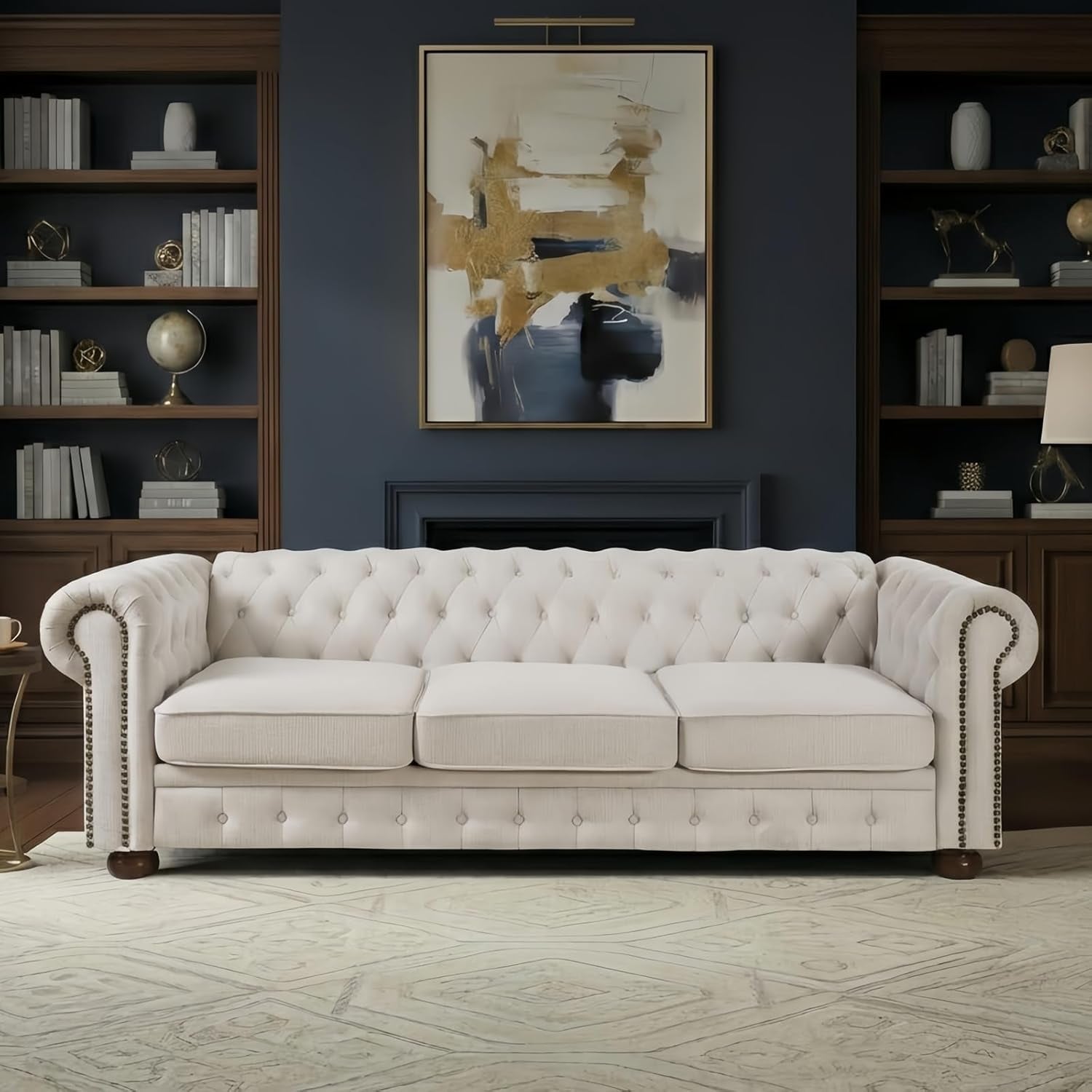 89 Chesterfield Sofa Couch With Tufted Button Solid Wood Legs Mid Century Modern 3 Seater Couch With Deep Seat