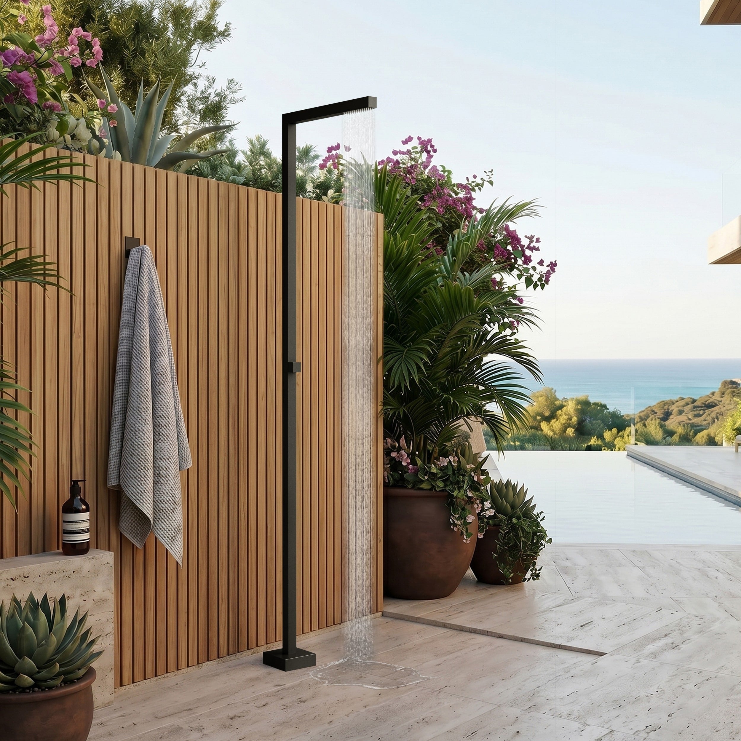 Modland Freestanding Outdoor Shower 316 Stainless Steel Pool Faucet Square Rain Head Nsf Valve Matte Black