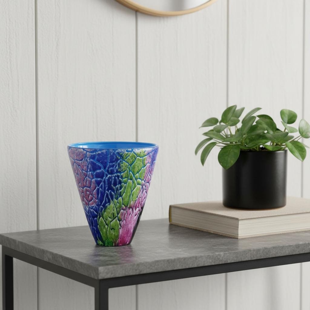 8 Blue And Green Murano Glass Abstract Oval Table Vase 4.00
