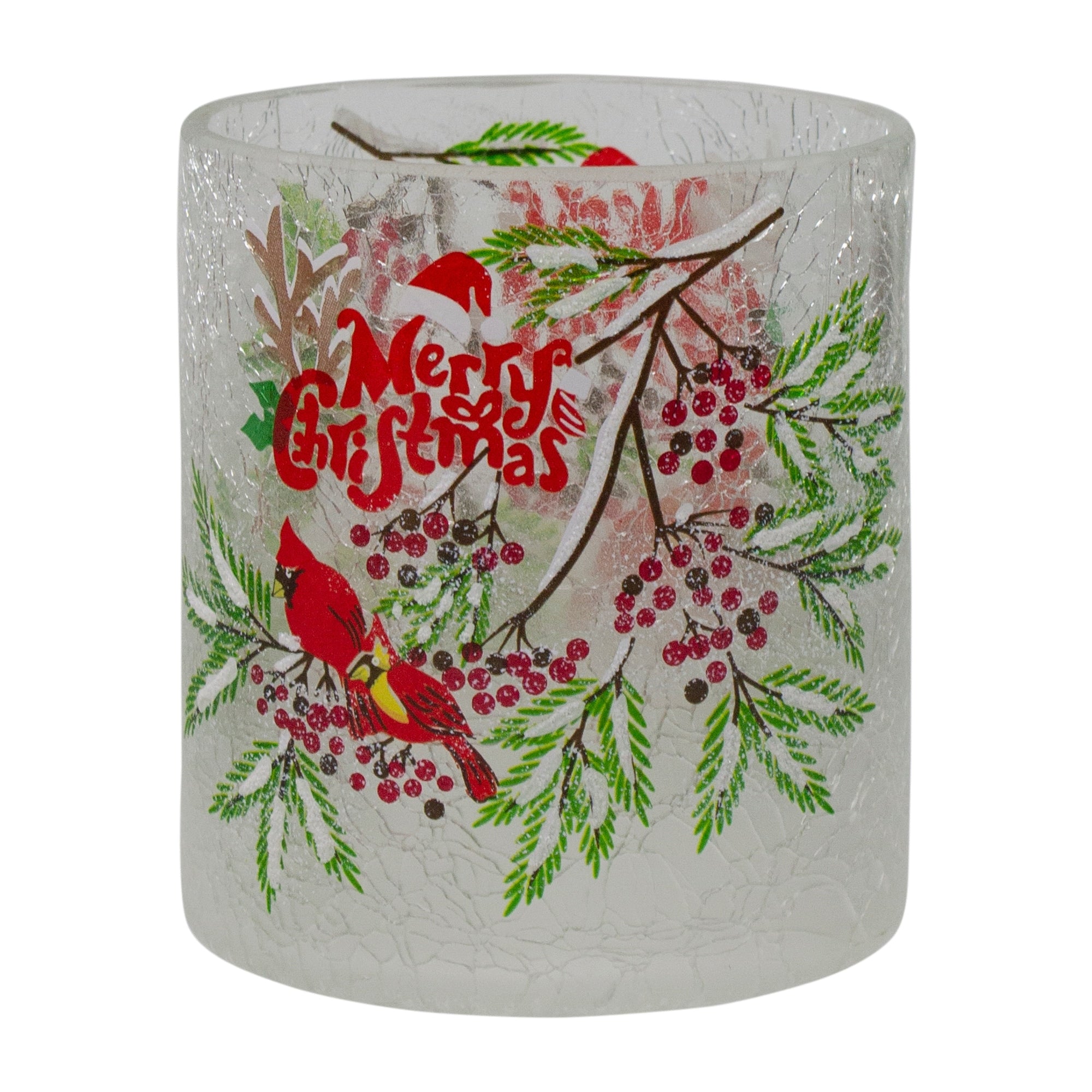 8 Inch Christmas Cardinal Pine Flameless Glass Christmas Candle Holder
