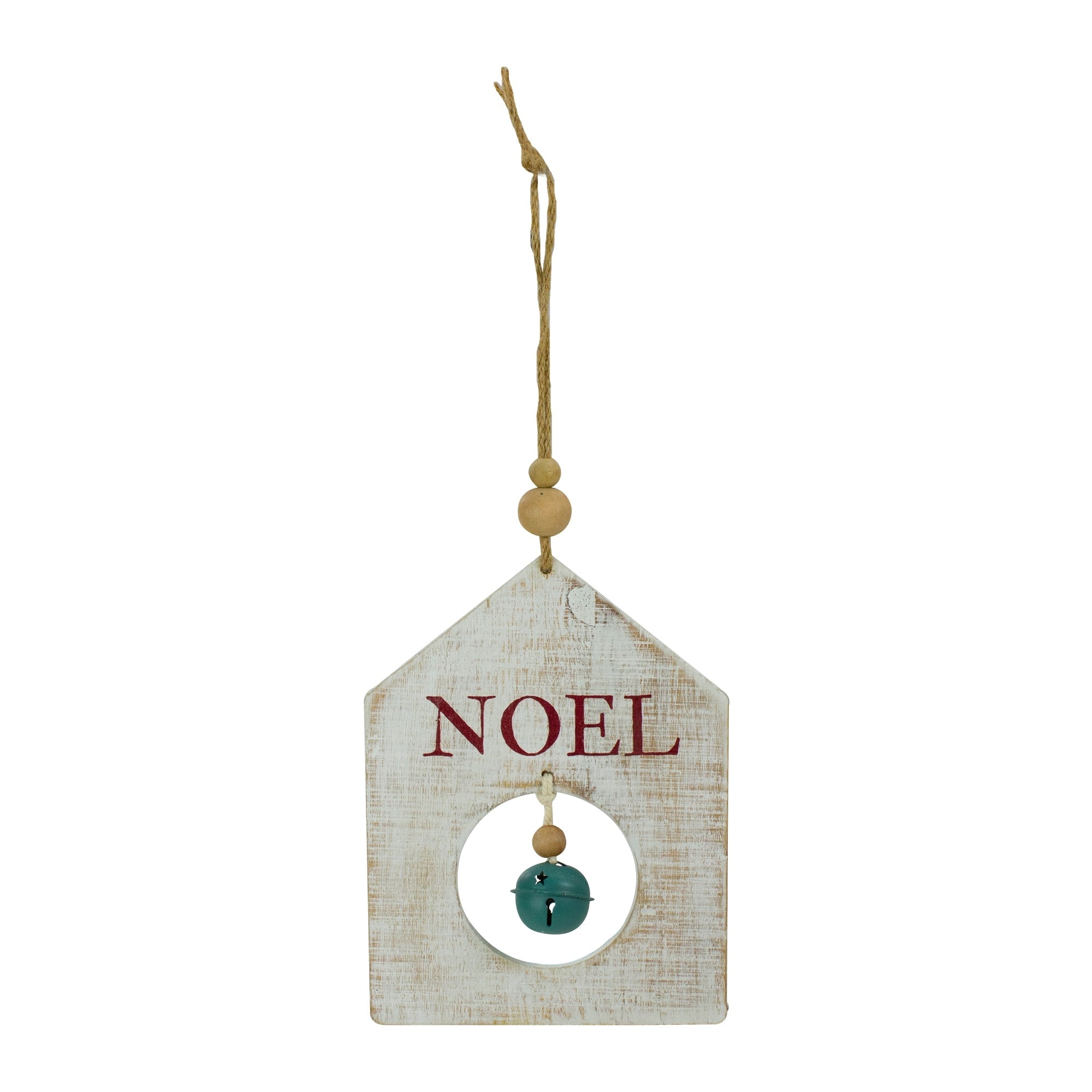 8 Rustic Wooden White Noel With Green Bell Christmas Ornament