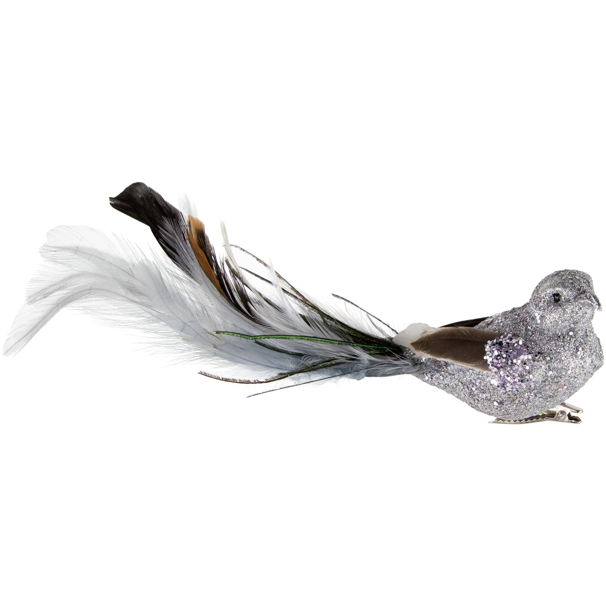 20 Silver Glitter Embellished Bird With Feathers Clip On Christmas Ornament
