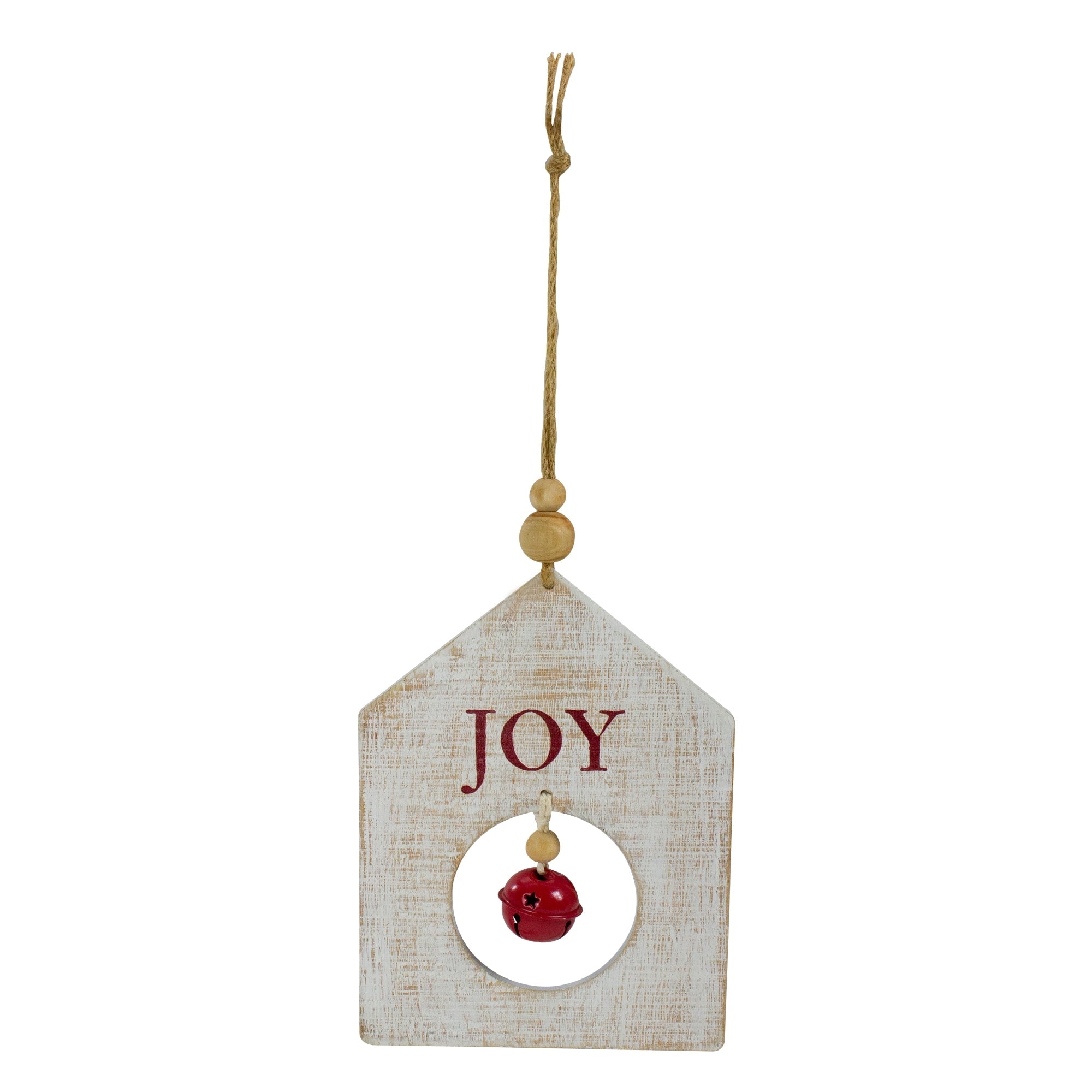 8 White Wooden Joy With Red Bell Christmas Ornament