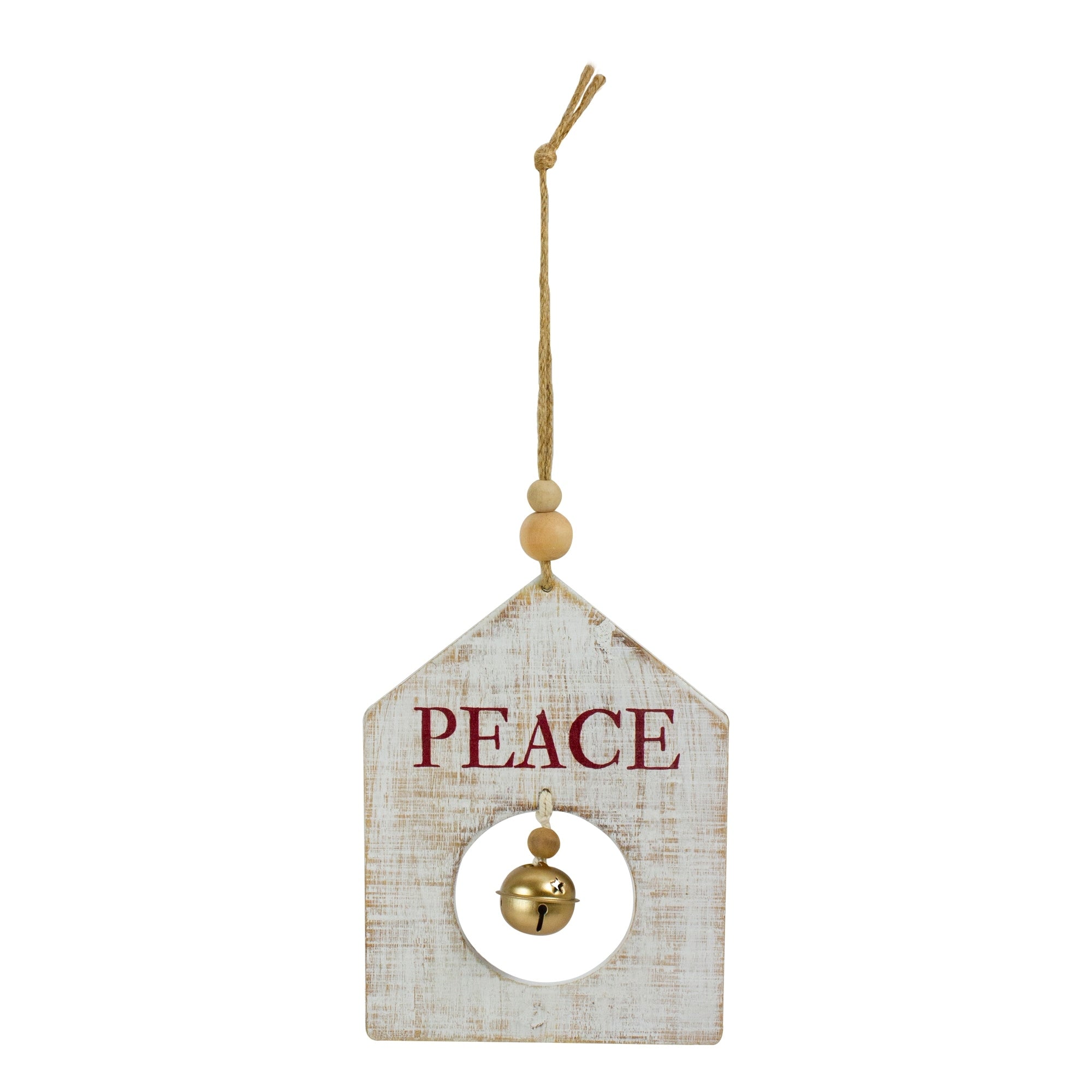 8 White Wooden Peace With Gold Bell Christmas Ornament