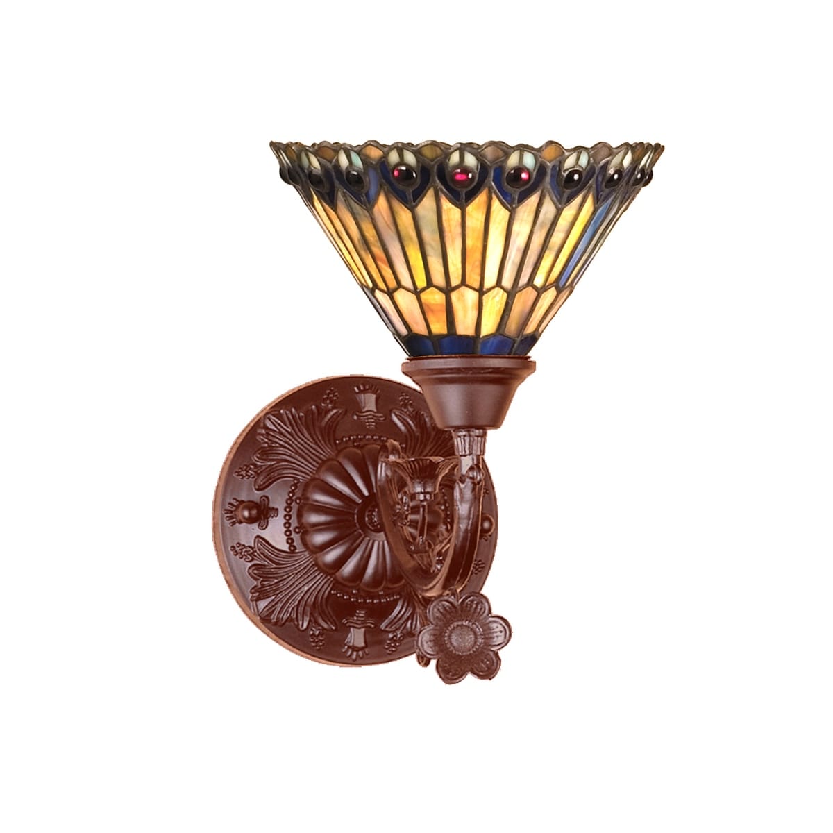 8 W Tiffany Jeweled Peacock Wall Sconce