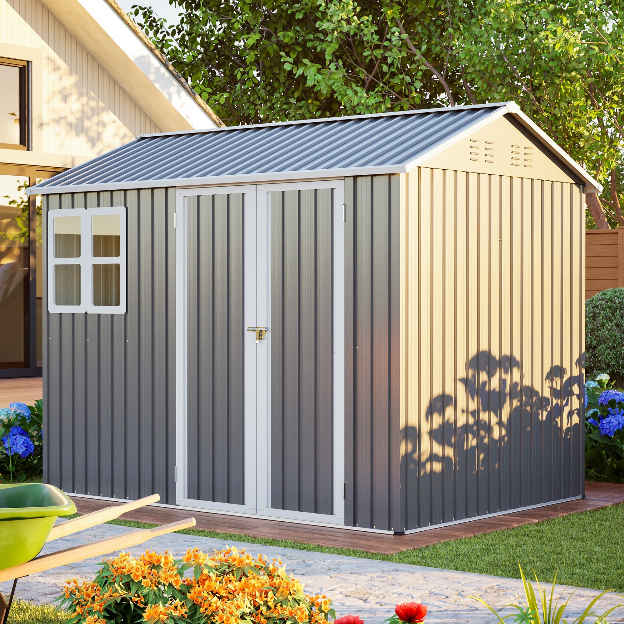 8X6 Large Steel Storage Shed With Window Lockable Doors Sloped Roof Heavy Duty Outdoor Tool Shed Dark Gray