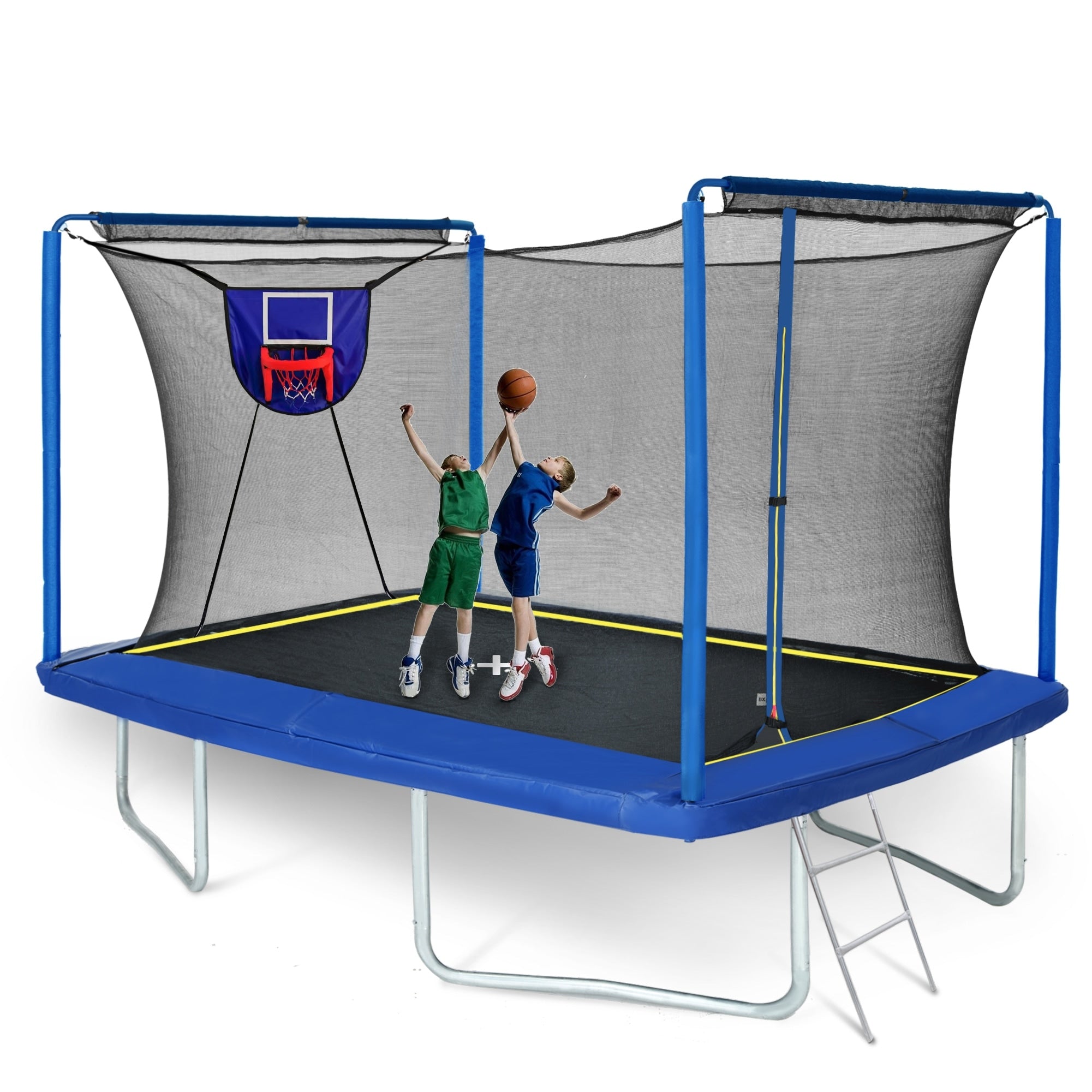 8Ft X 12Ft Rectangular Trampoline With Basketball Board Ball Inflater Ladder Blue Astm Cpc Certified