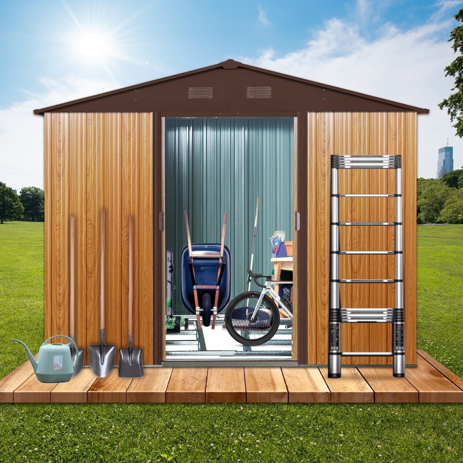 8Ft X 6Ft Outdoor Metal Storage Shed With Metal Foundation Coffee