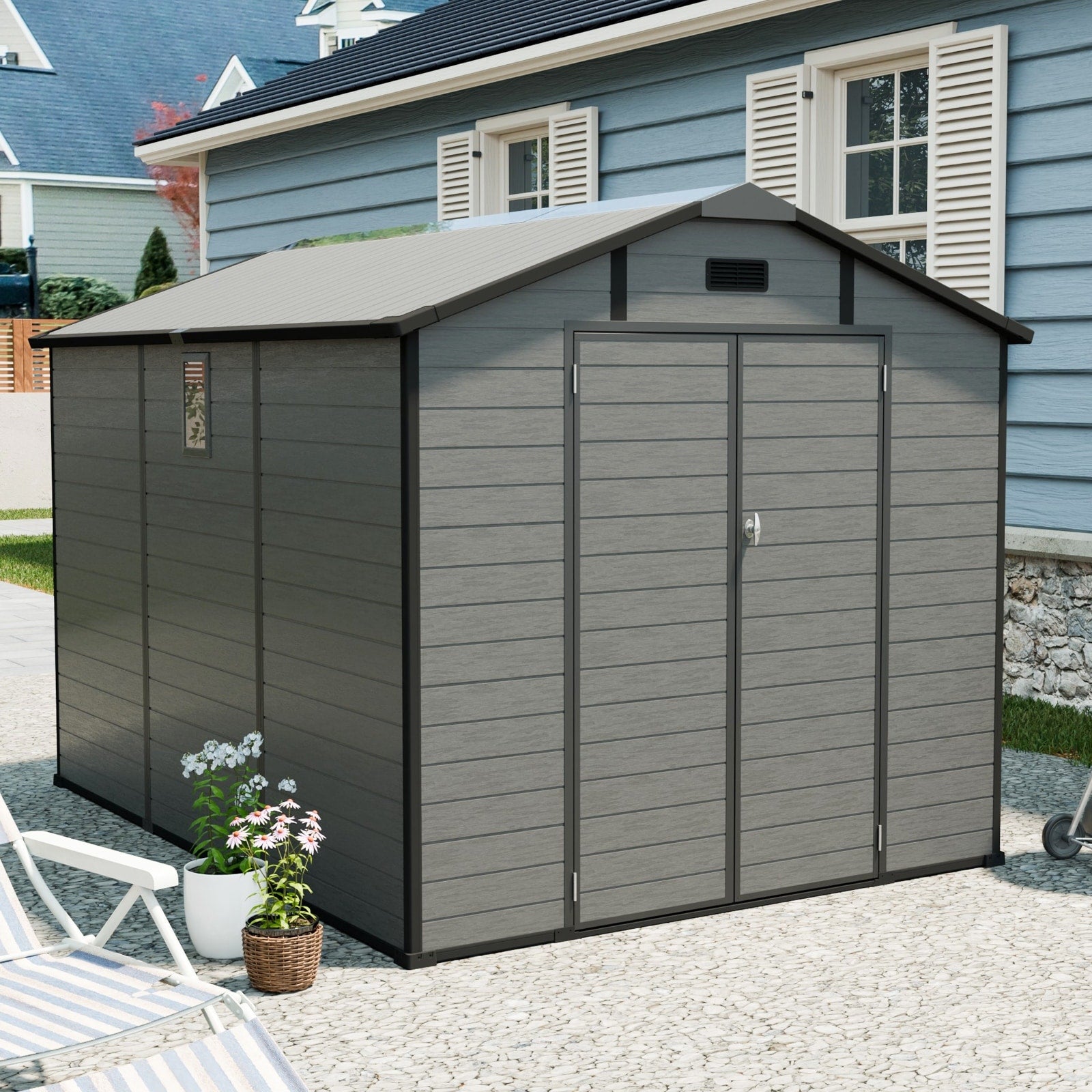 8X10 Ft Plastic Outdoor Storage Shed Lockable Resin Tool Shed With Window Floor Dark Gray