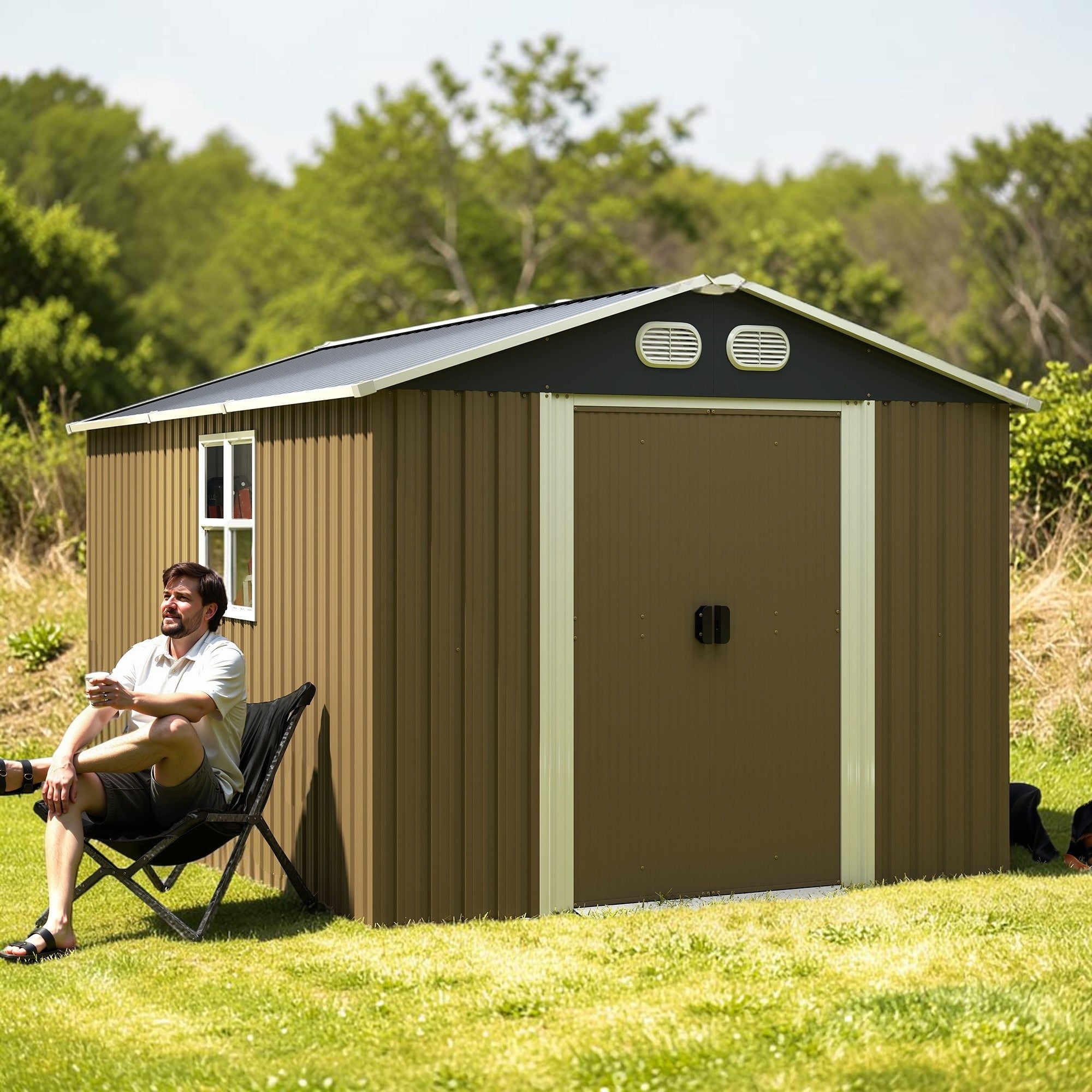 8X12 Ft Outdoor Metal Storage Shed With Lockable Door Waterproof Garden Tool Shed For Backyard