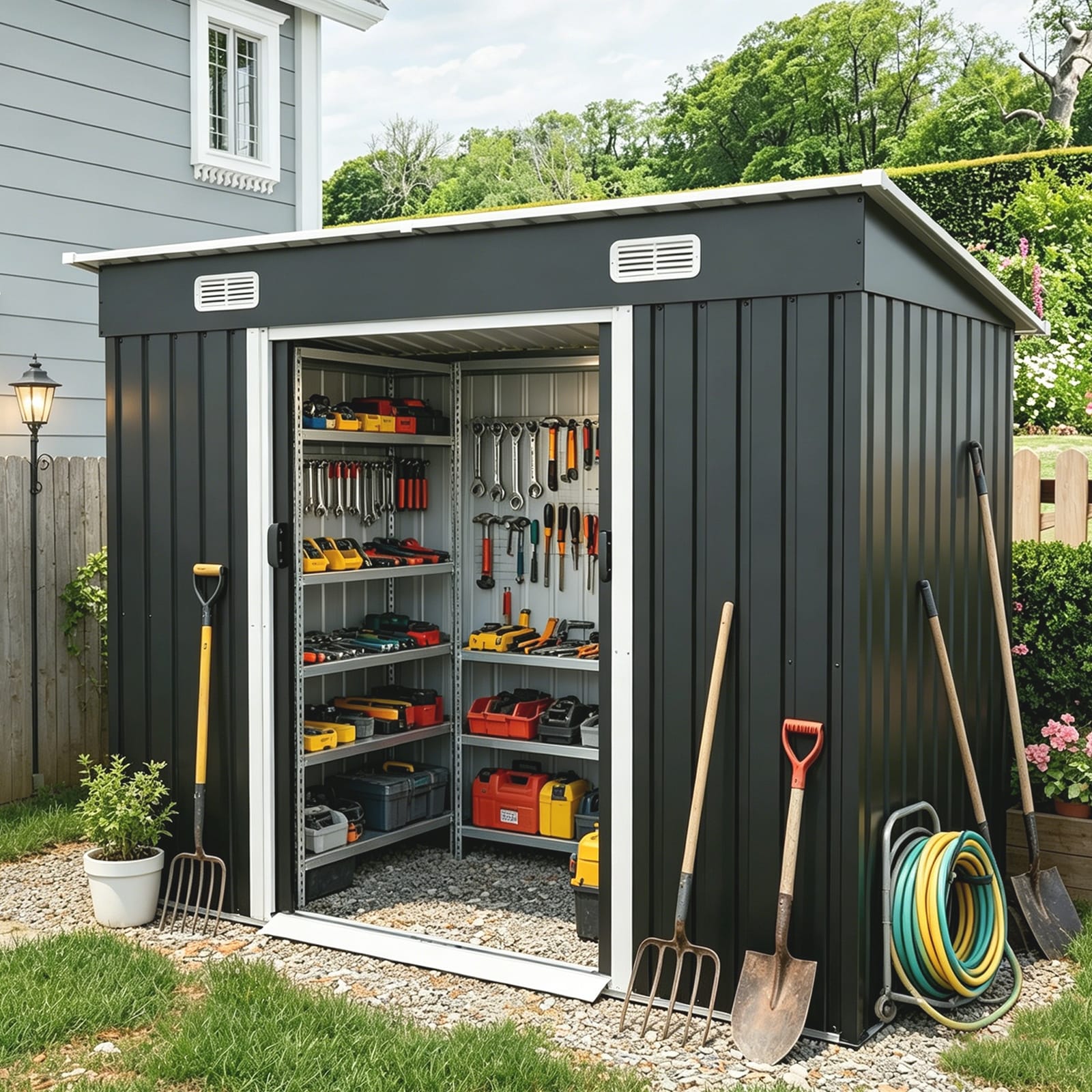 8X4Ft Metal Shed Sliding Door Galvanized Steel Shed With Lock Hole Air Vents Threshold Outdoor Garden Tool Shed