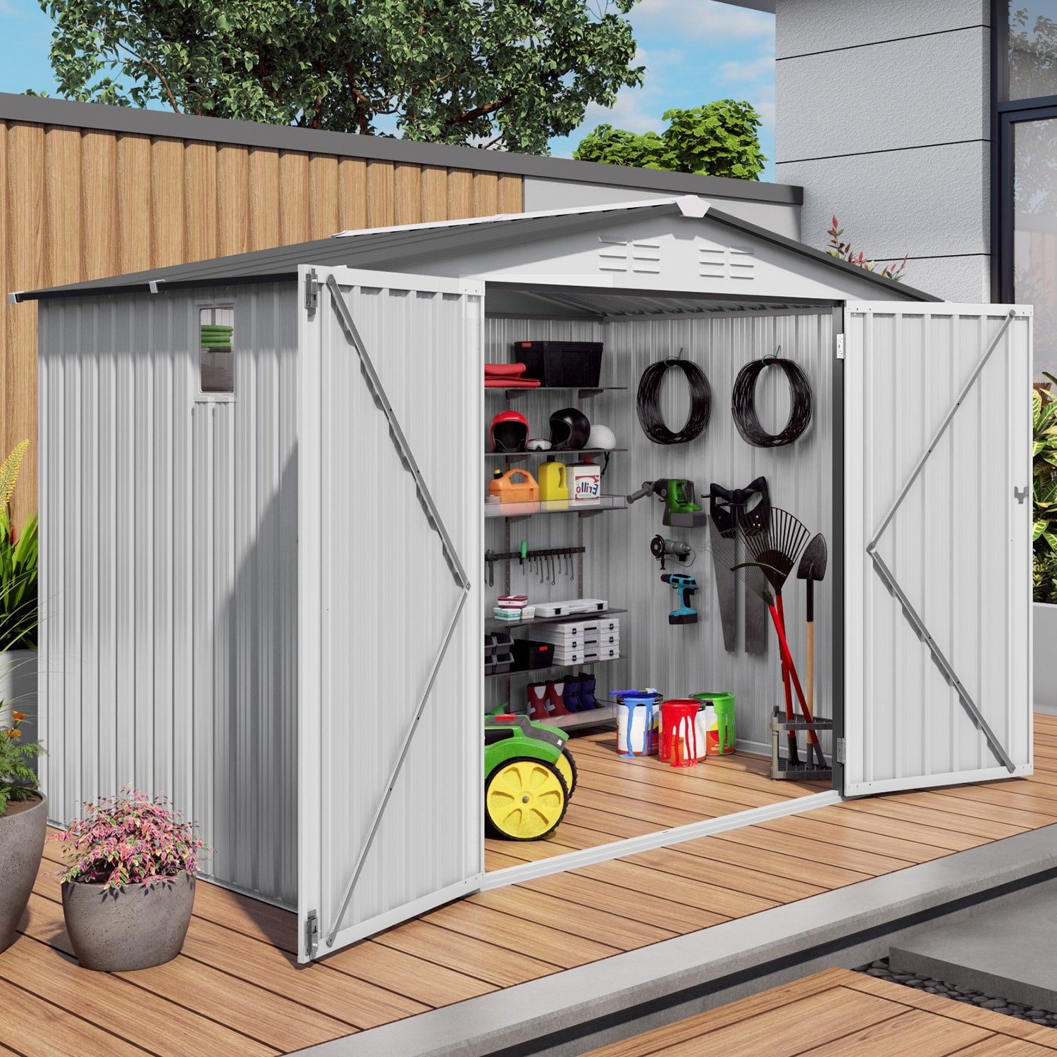8X6 Ft Metal Outdoor Garden Storage Shed Tool Shed With Pitched Roof Waterproof With 1 Window And 2 Lockable Door White Gray