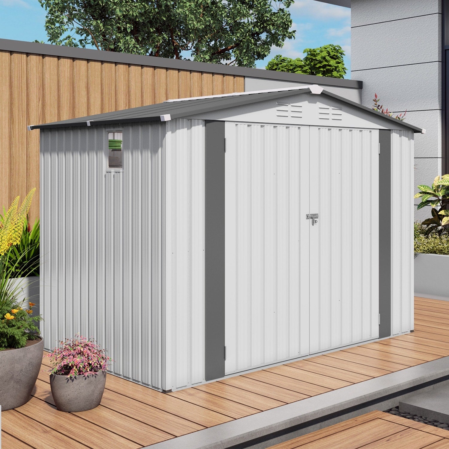 8X6 Ft Metal Outdoor Storage Shed With Pitched Roof And Side Window White Gray