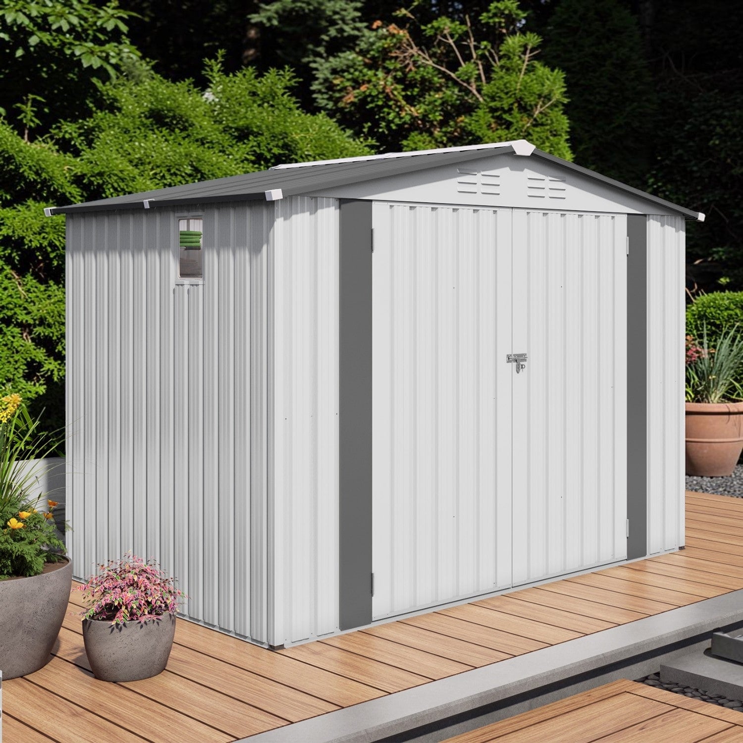 8X6 Ft Metal Storage Shed With Window Outdoor Garden Tool Shed With Lockable Doors Waterproof Roof
