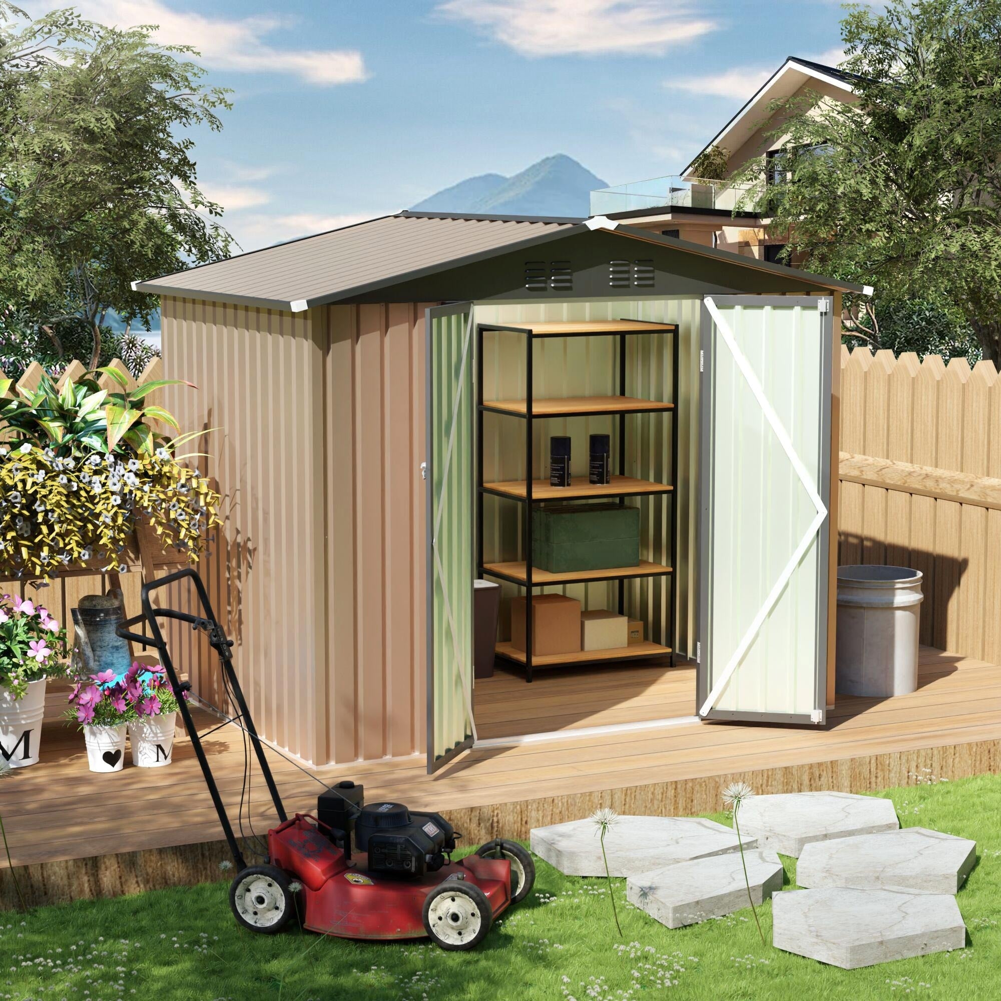 8X6 Ft Garden Shed With Apex Roof For Patio Backyard Use Galvanized Steel Metal Sheds Storage House