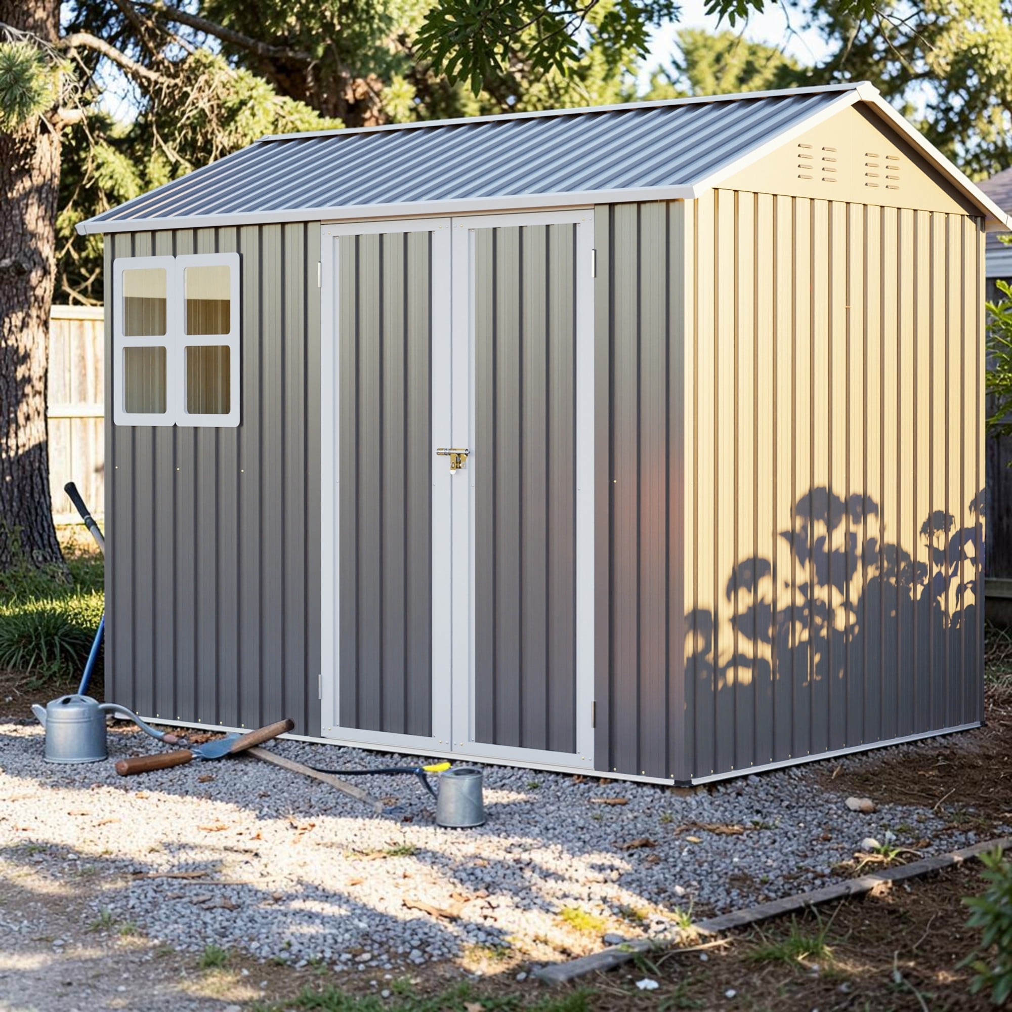8X6 Ft Steel Storage Shed With Window Lockable Doors Sloped Roof Outdoor Garden Tool Shed