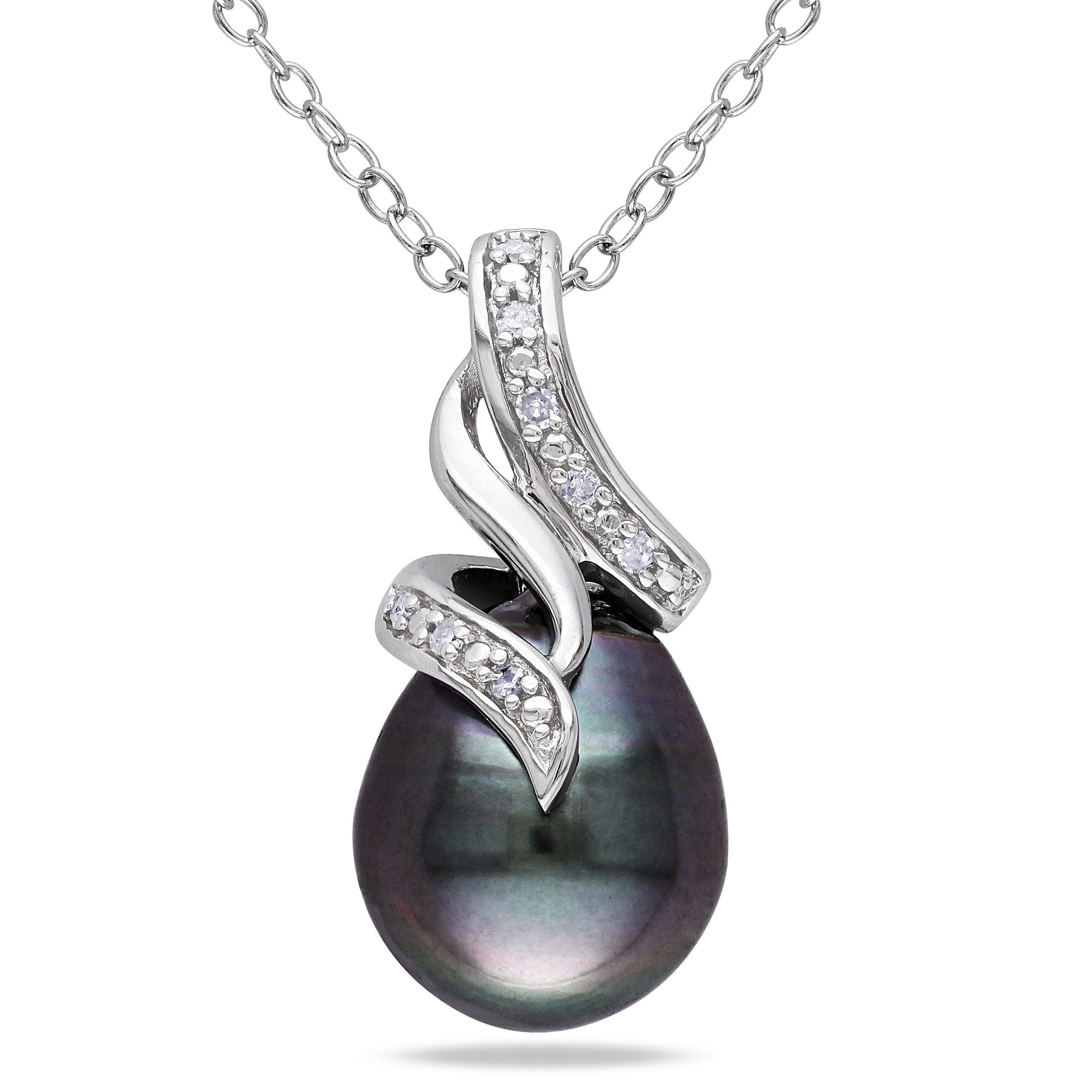 Miadora Sterling Silver Tahitian Pearl And Diamond Twist Drop Necklace 9 9.5 Mm