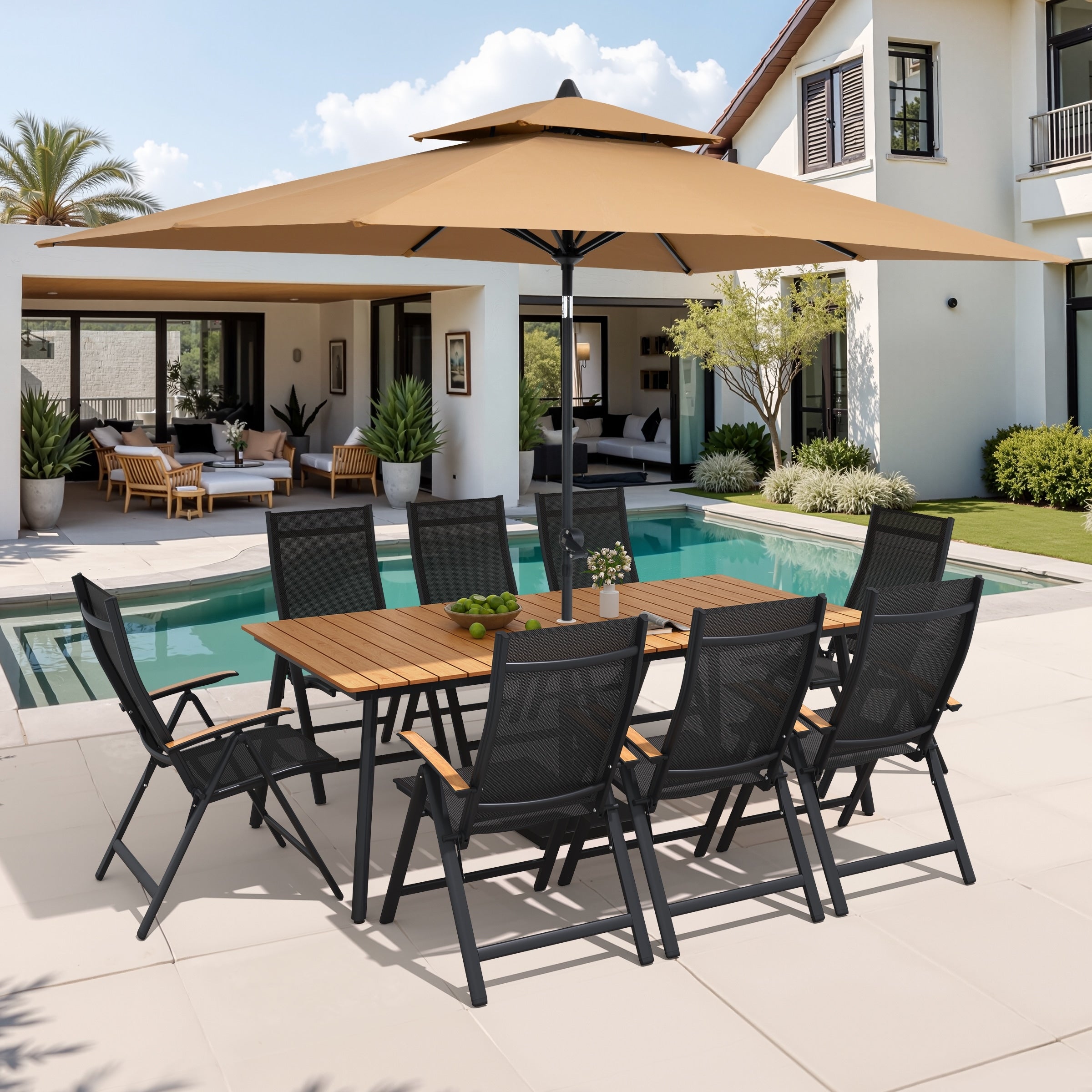 9 11 Piece Outdoor Aluminum Patio Dining Set W 10 Ft Umbrella And Base Rectangle Table And Folding Chairs