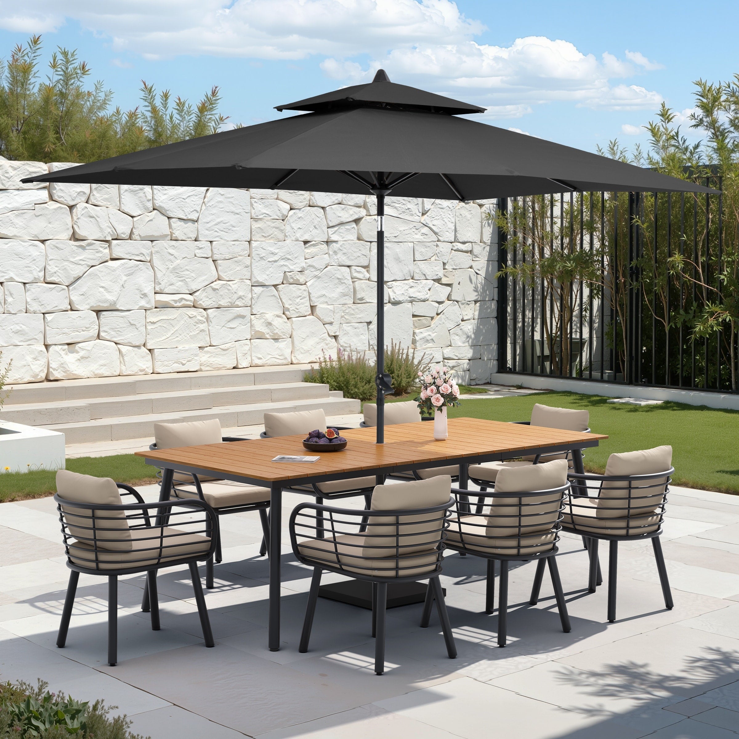 9 11 Pieceoutdoor Patio Dining Set With Sunbrella Cushions Aluminum Dining Table And Chairs W 10 Ft Umbrella And Base
