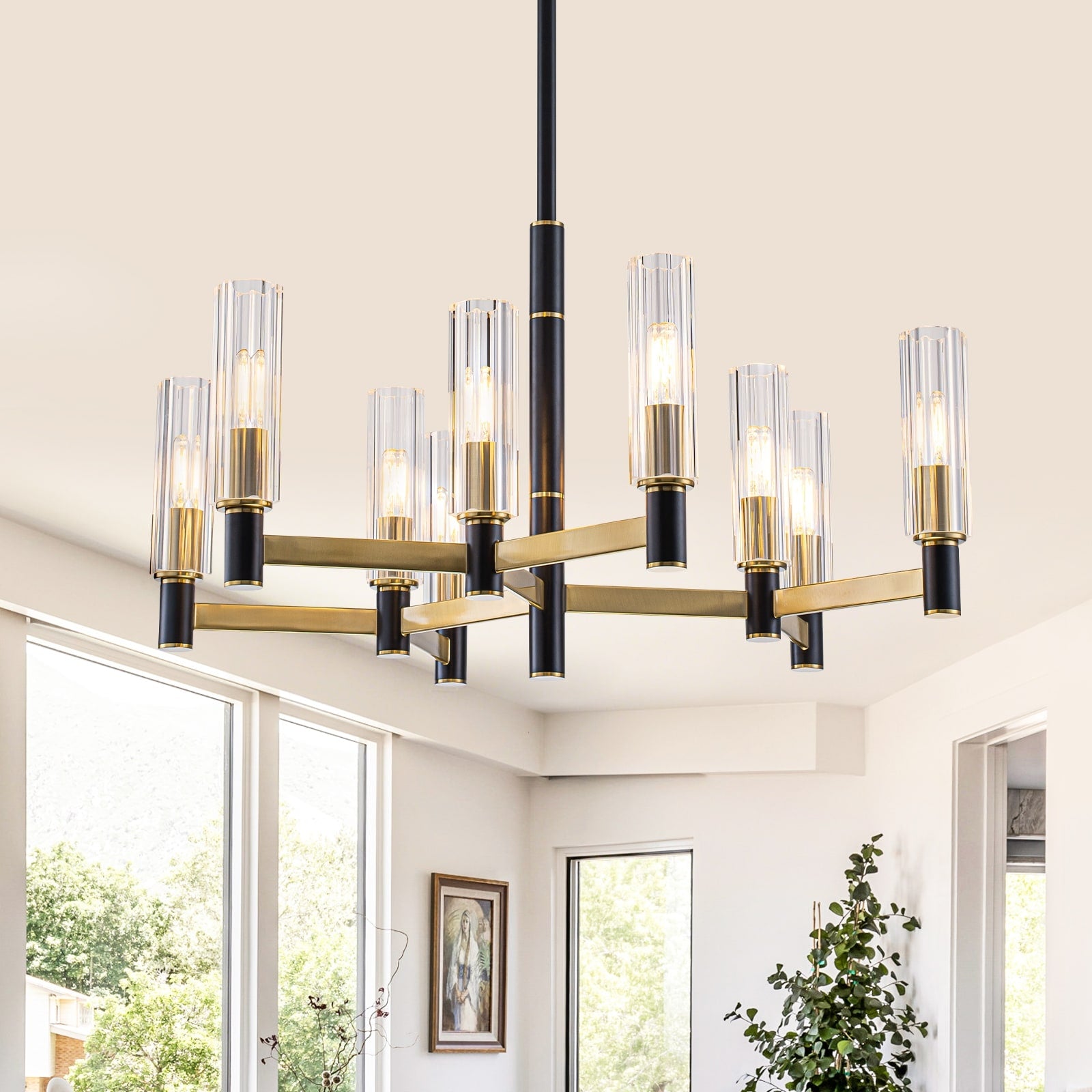 9 Light Black And Gold Chandelier With Crystal Shades Modern Pendant Dia.29.92 Inch