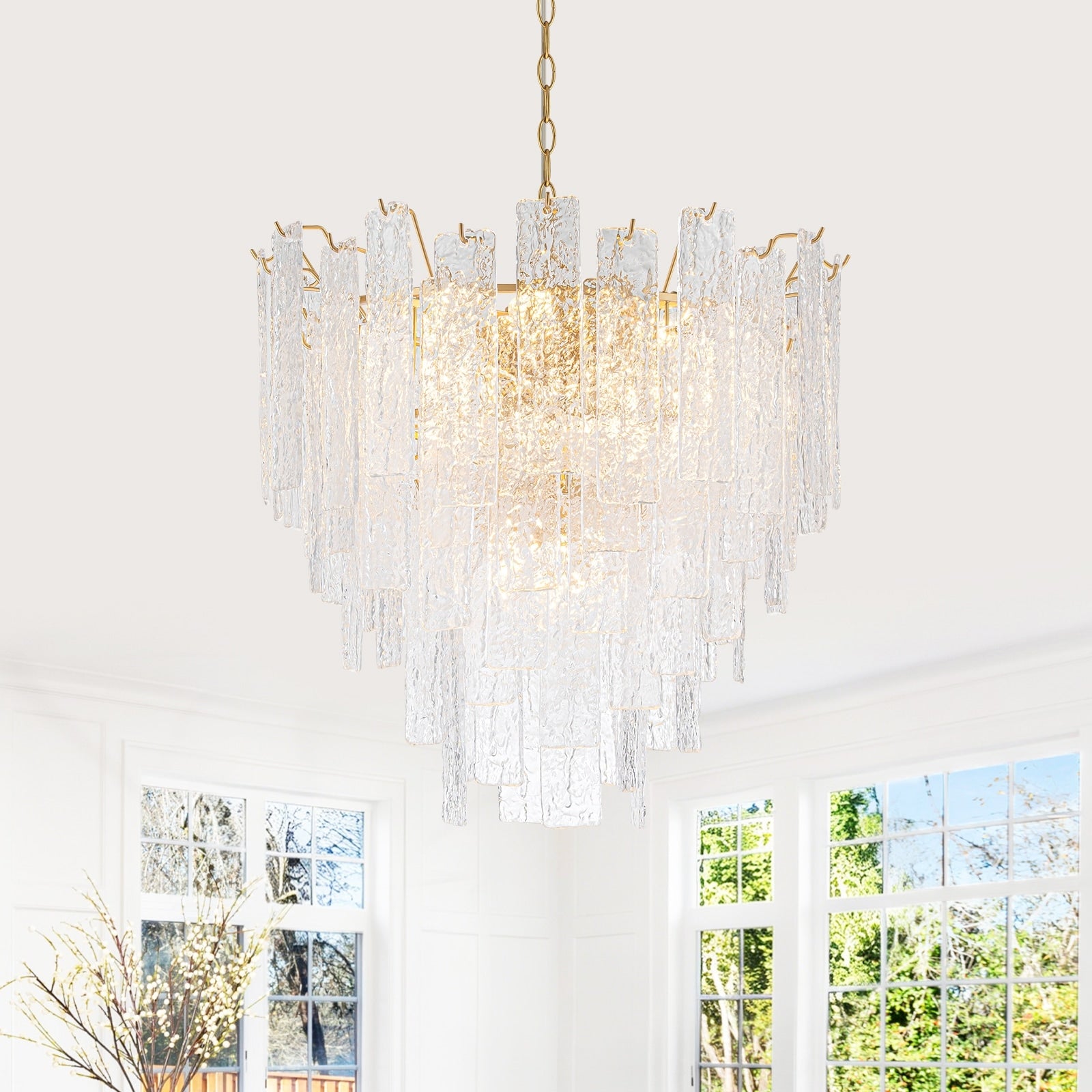 9 Light Brushed Gold Water Ripple Glass Clear Cascading Pendant Light Dia.24.02 In