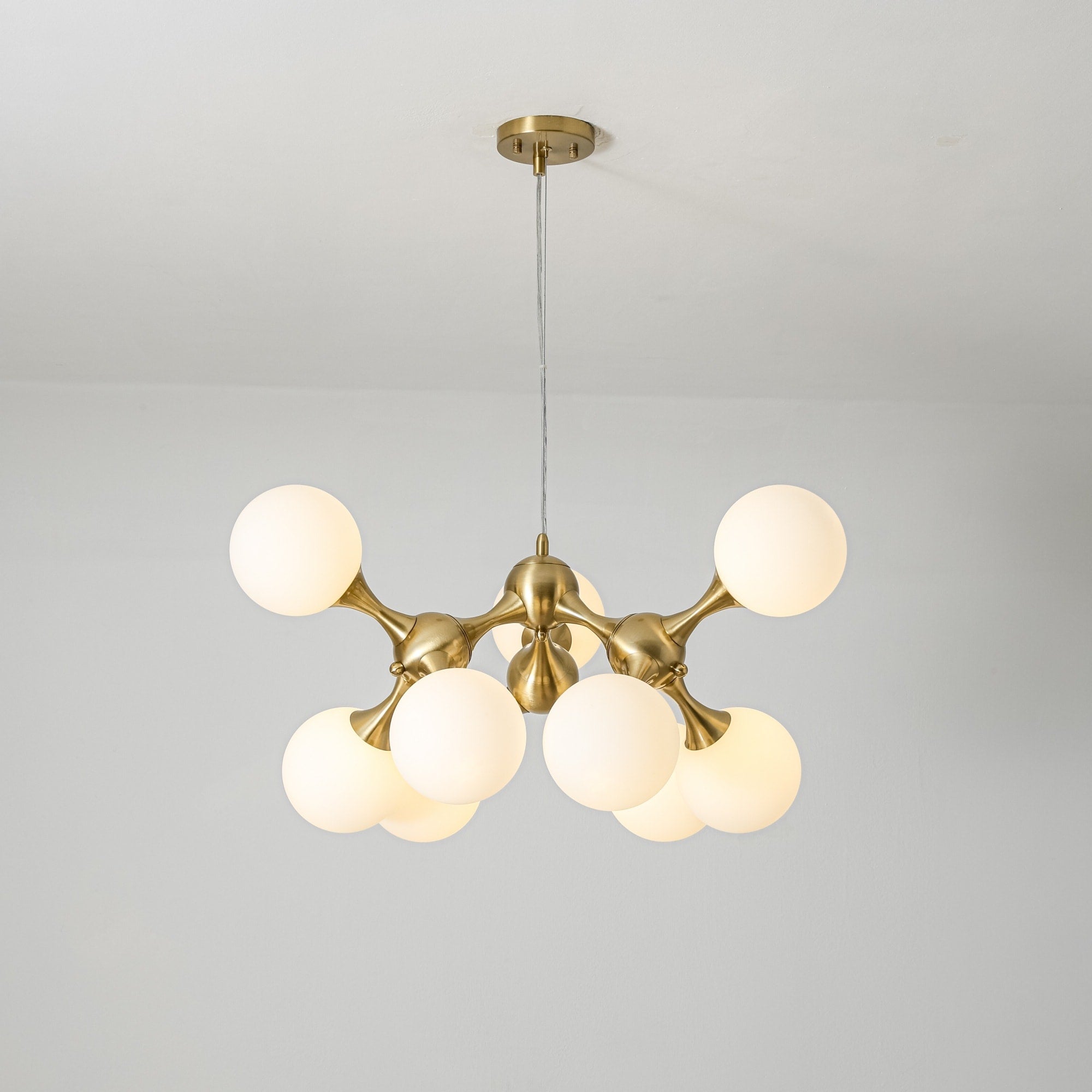 9 Light Mid Century Modern Brushed Gold Sputnik Cluster Chandelier With Milk White Glass Globes For Dining Living Room