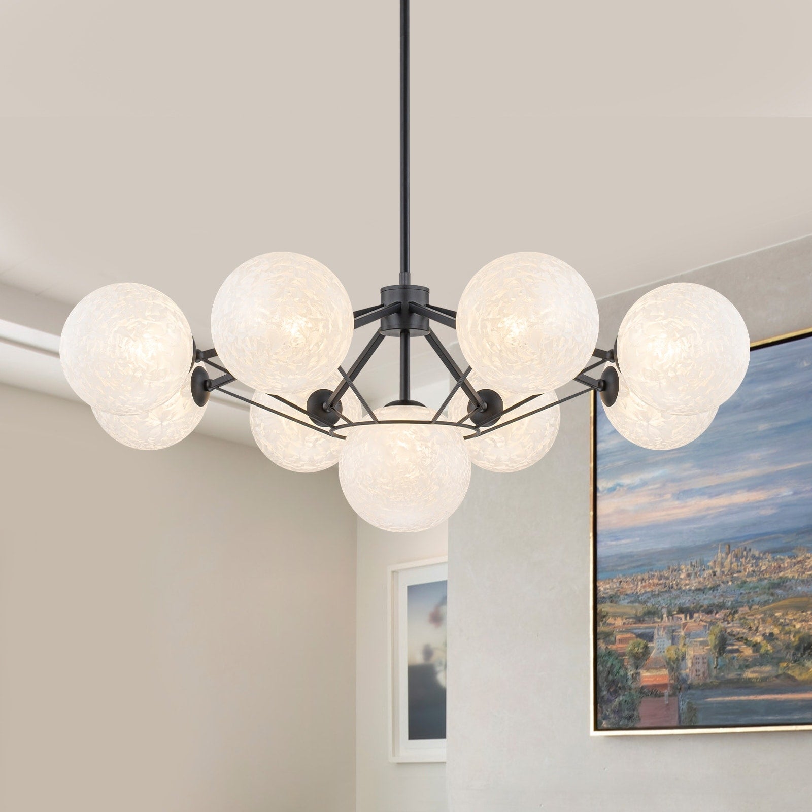 9 Light Modern Umbrella Chandelier Textured Ice Glass Globes Dia.32.68 In