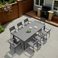9 Pcoutdoor Patio Dining Set Woodlike Table Top Aluminum Rectangular Umbrella Hole Table With Stackable Armrest Dining Chairs