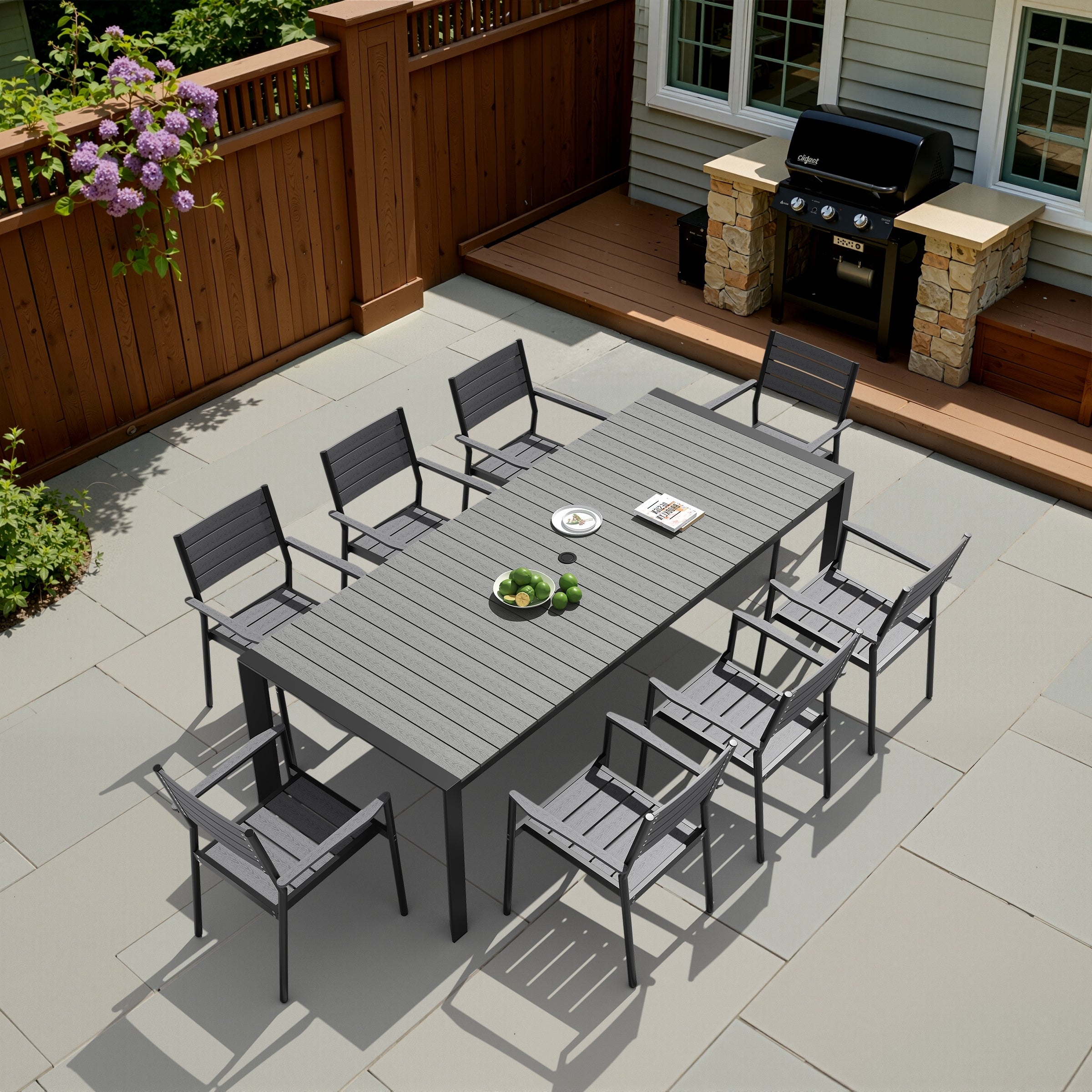 9 Pcoutdoor Patio Dining Set Woodlike Table Top Aluminum Rectangular Umbrella Hole Table With Stackable Armrest Dining Chairs