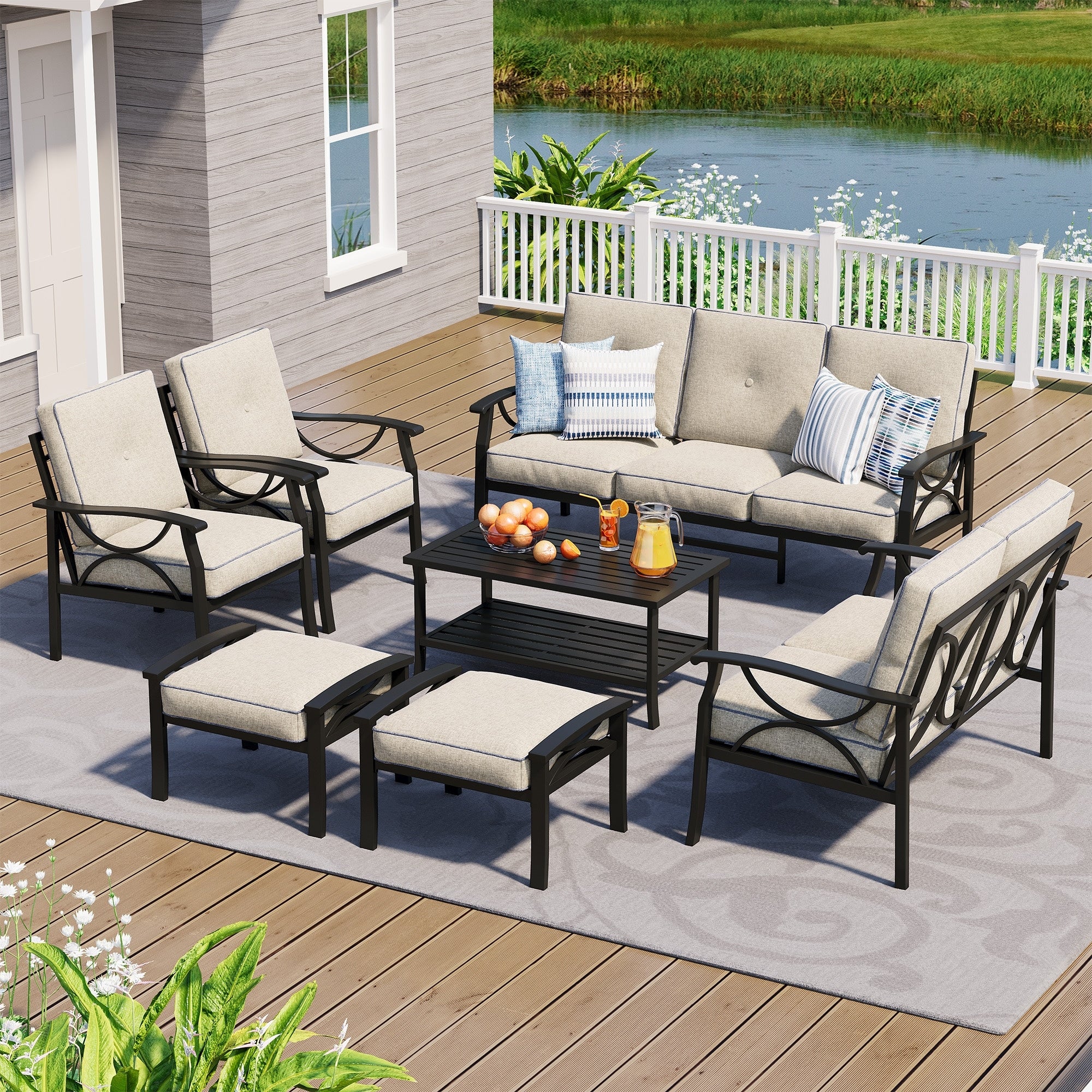 9 Person 7 Piece Outdoor Patio Furniture Set All Weather Metal Frame With 4 Cushions And Ergonomic Back Support