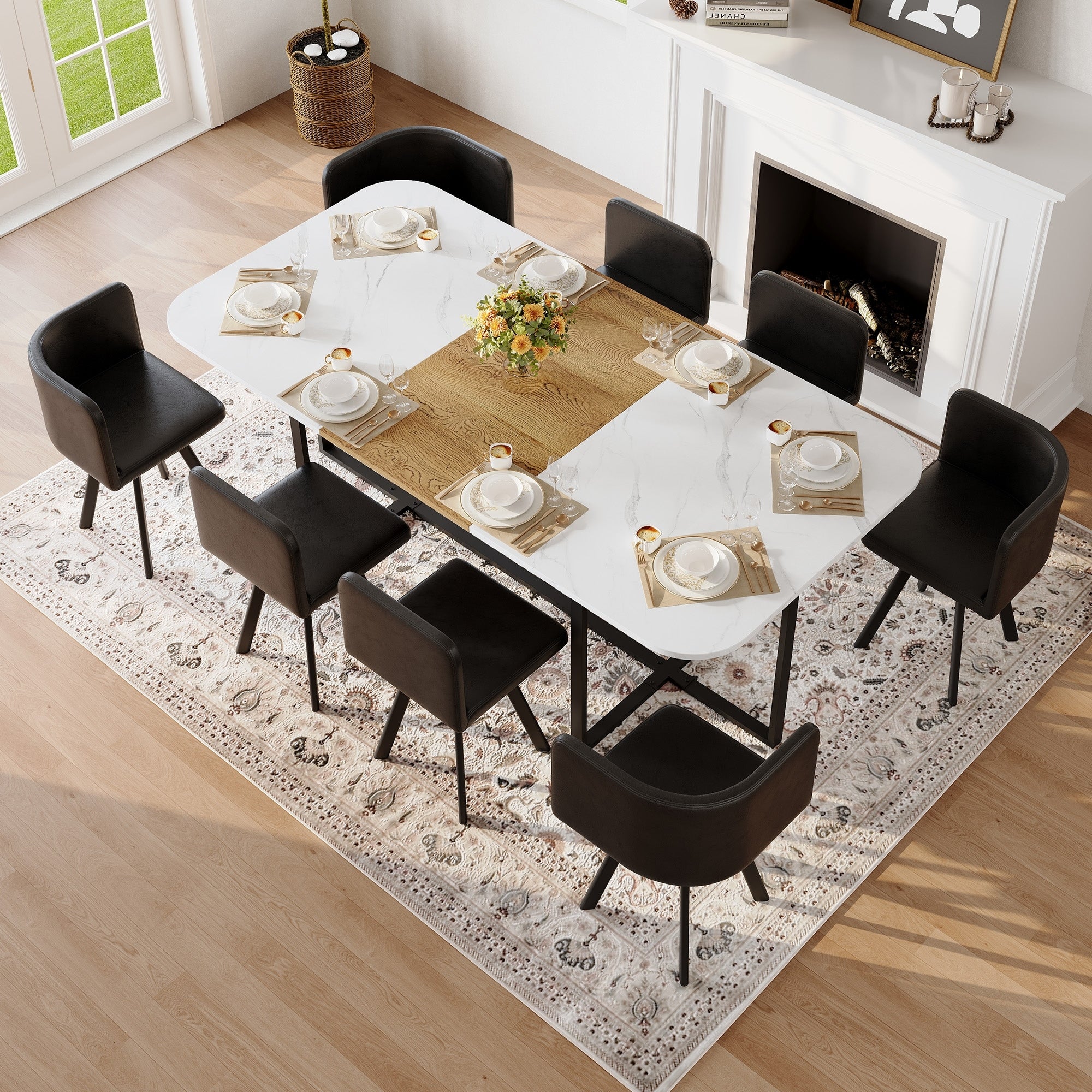 9 Piece Dining Table Set With White Faux Marble Top And Black Faux Leather Chairs For Modern Spaces