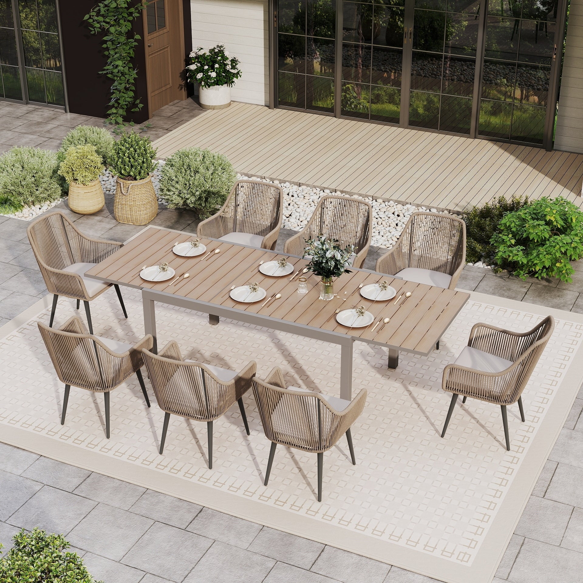 9 Piece Expandable Aluminum Patio Dining Set With Pe Twisted Rattan Chairs Polyester Cushions