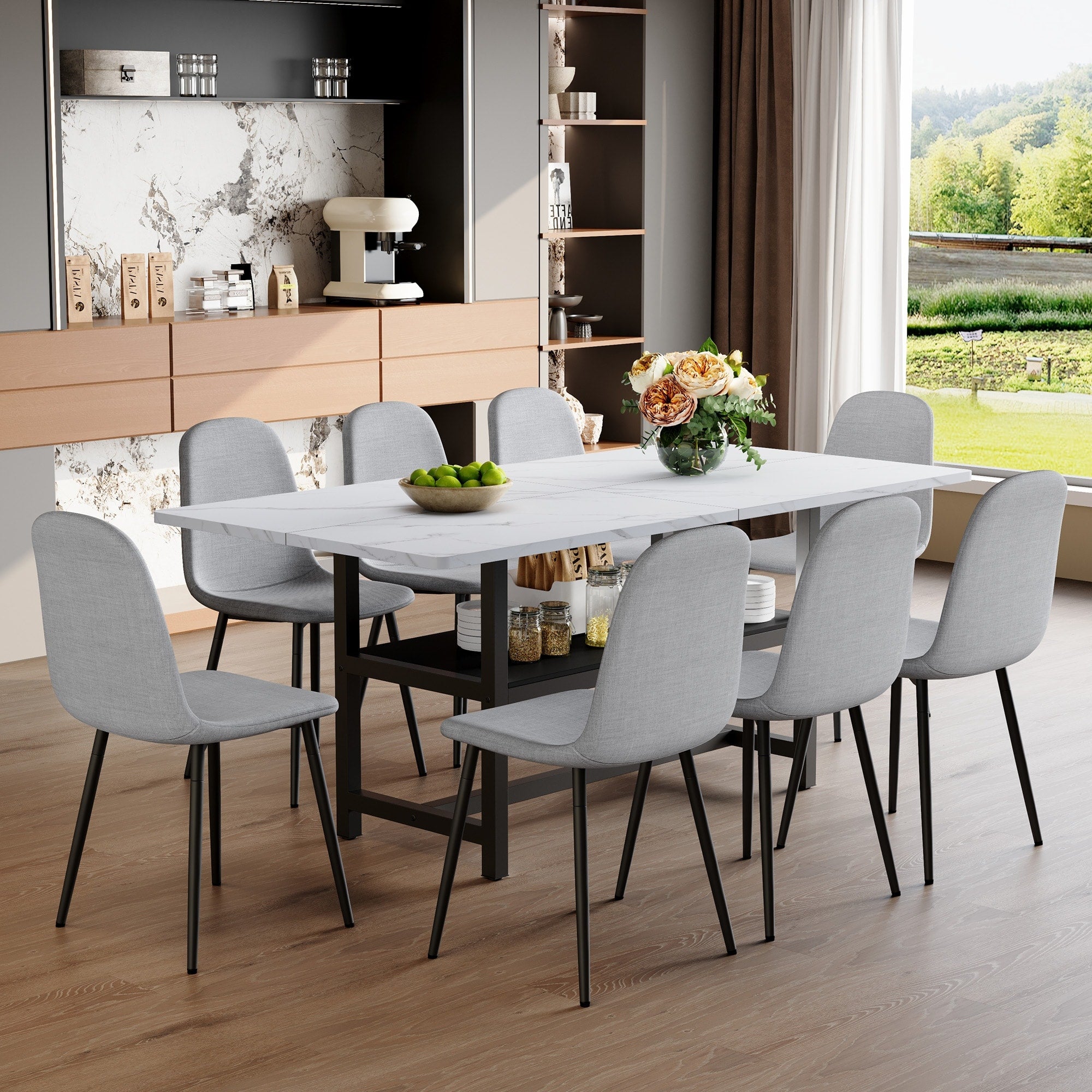 9 Piece Modern Dining Table Set With Storage 71X35.4 Inch Wood Grain Table 8 High Resilience Fabric Chairs