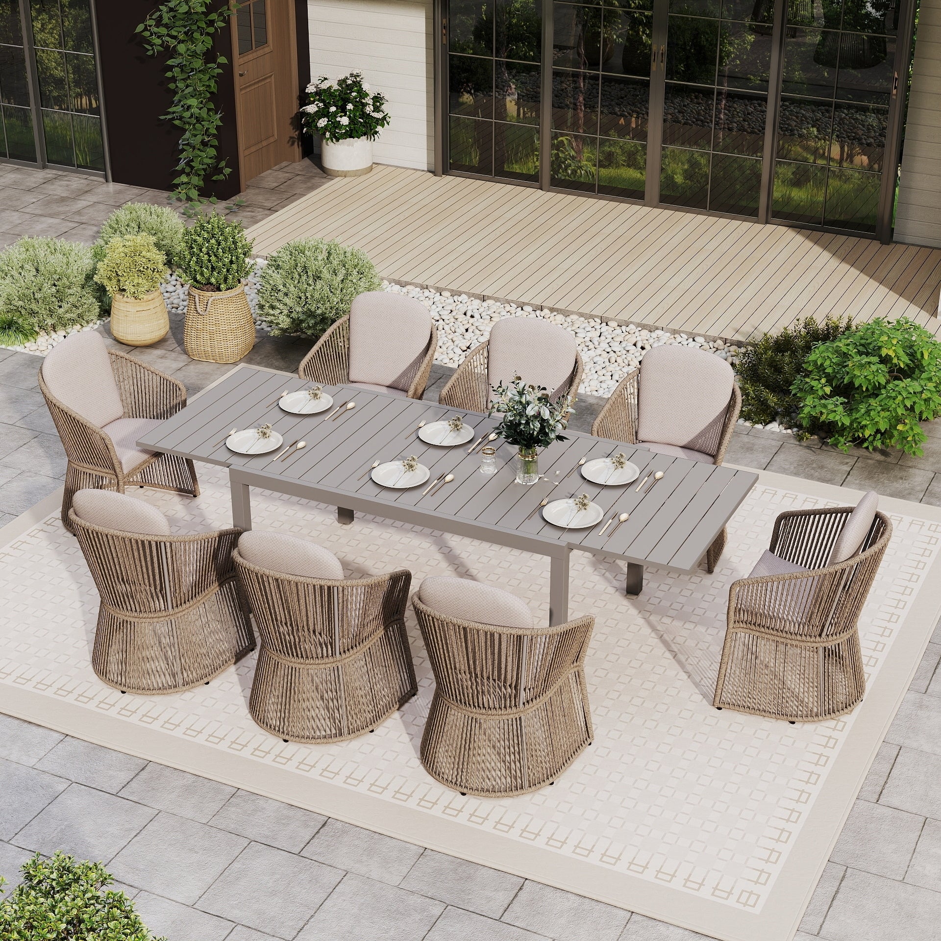 9 Piece Outdoor Extendable Dining Set With Aluminum Table Rattan Chairs