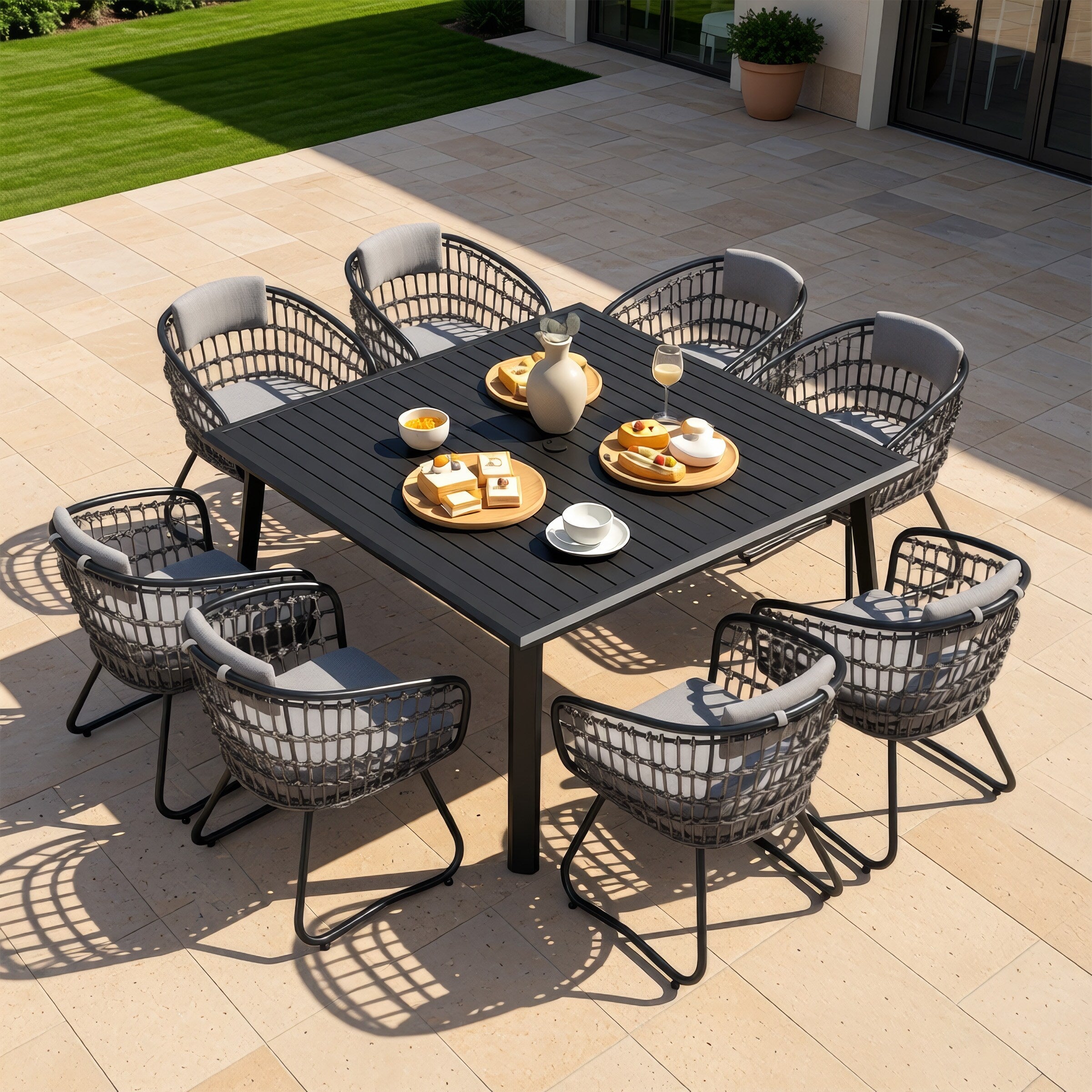 9 Piece Outdoor Patio Dining Set All Weather Aluminum Rectangle Table With Umbrella Hole And Rattan Chairs