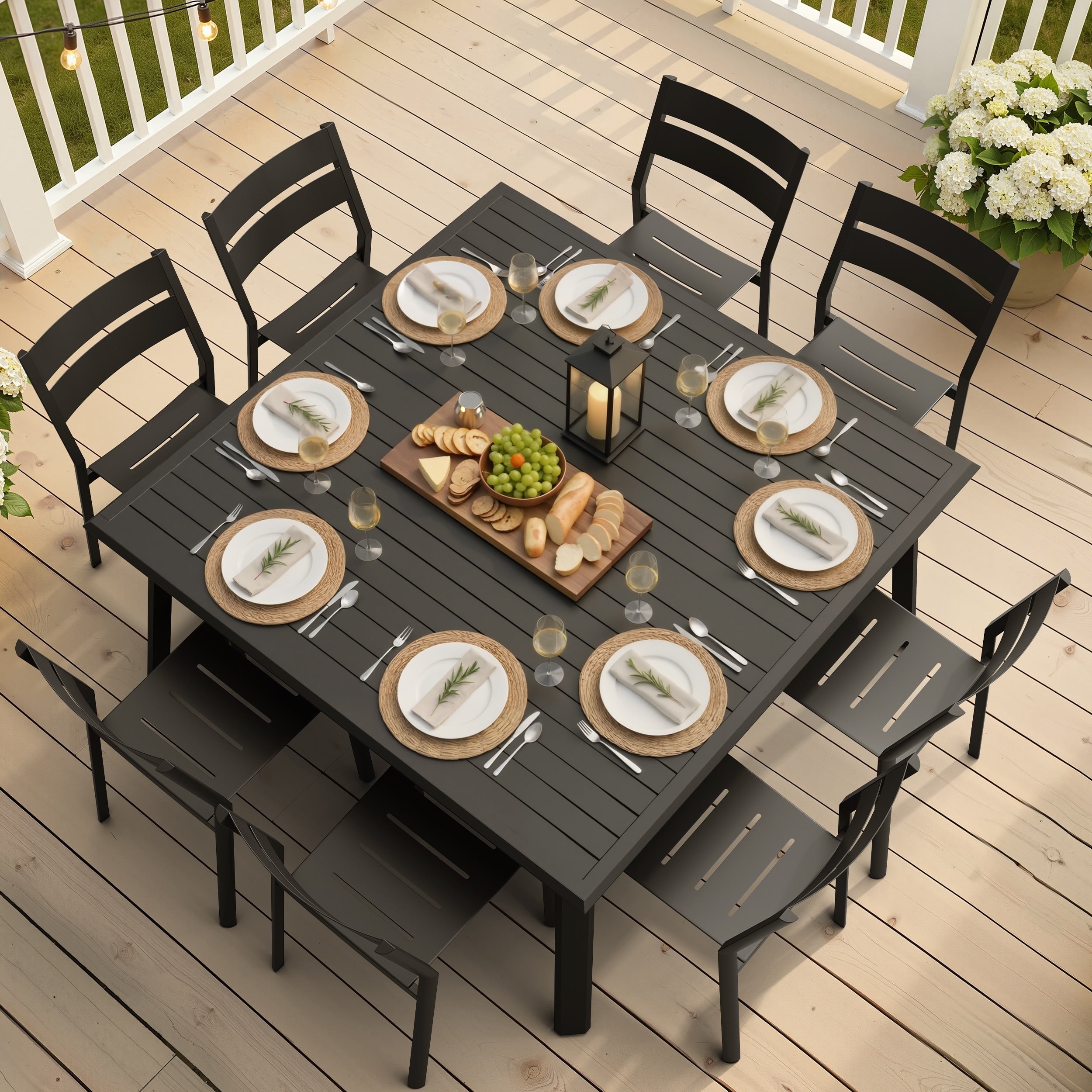 9 Piece Outdoor Patio Dining Set All Weather Aluminum Square Table With Umbrella Hole And Stackable Chairs