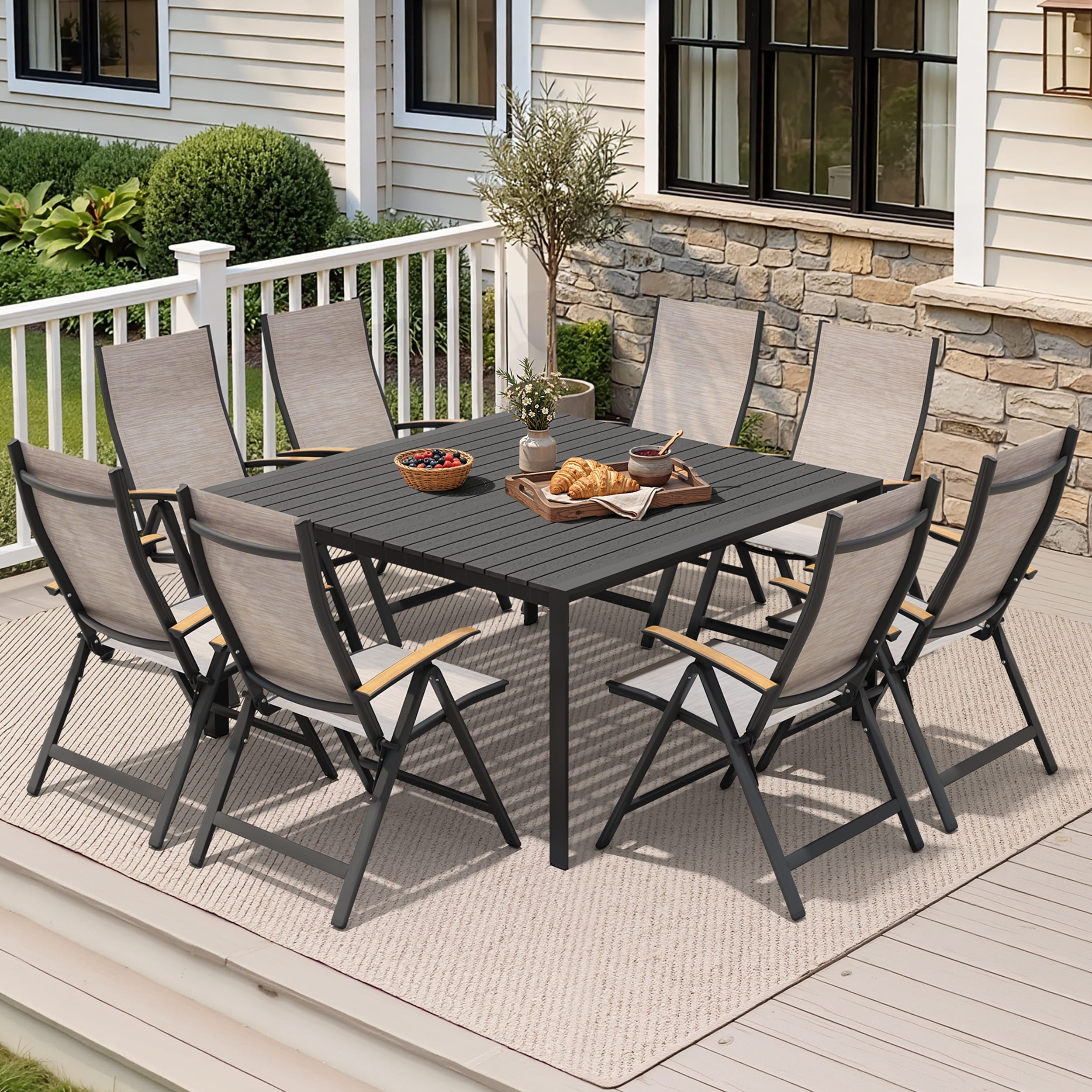 9 Piece Outdoor Patio Dining Set Aluminum Dining Table With Umbrella Hole And Adjustable Back Chairs
