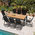9 Piece Outdoor Patio Dining Set Wood Like Table Top Aluminum Rectangular Umbrella Hole Table With Folding Armrest Chairs